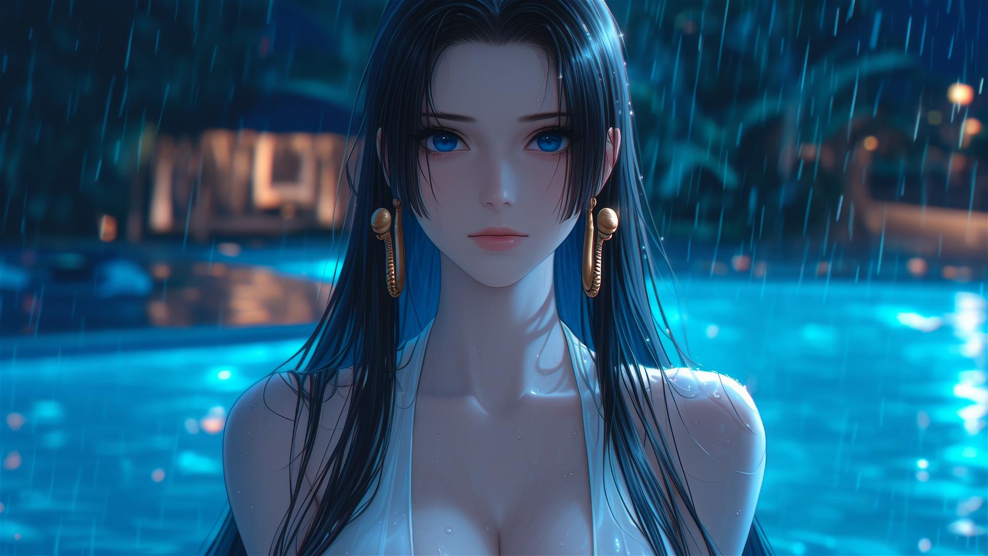 Boa Hancock from One Piece resting by a rainy swimming pool under moonlight