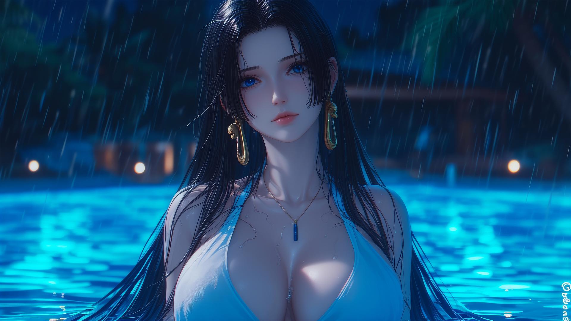 Boa Hancock from One Piece resting by a rainy swimming pool under moonlight