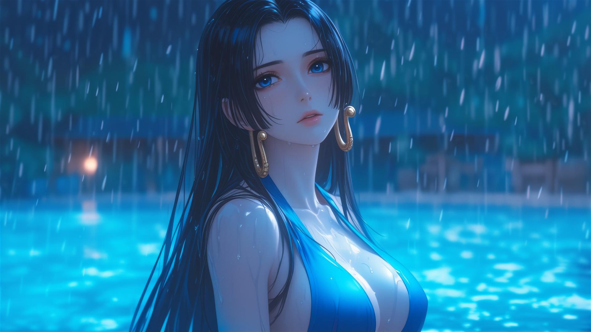 Boa Hancock resting by a rainy pool in moonlight