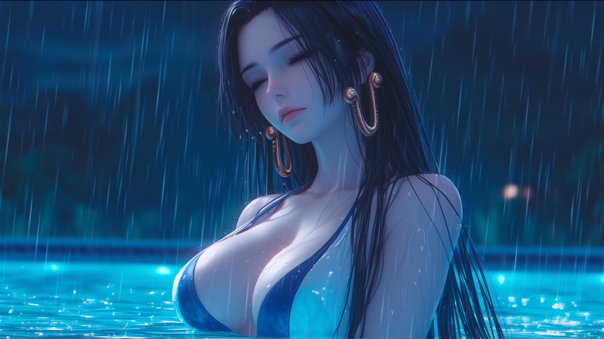 Boa Hancock resting by a rainy pool under moonlight