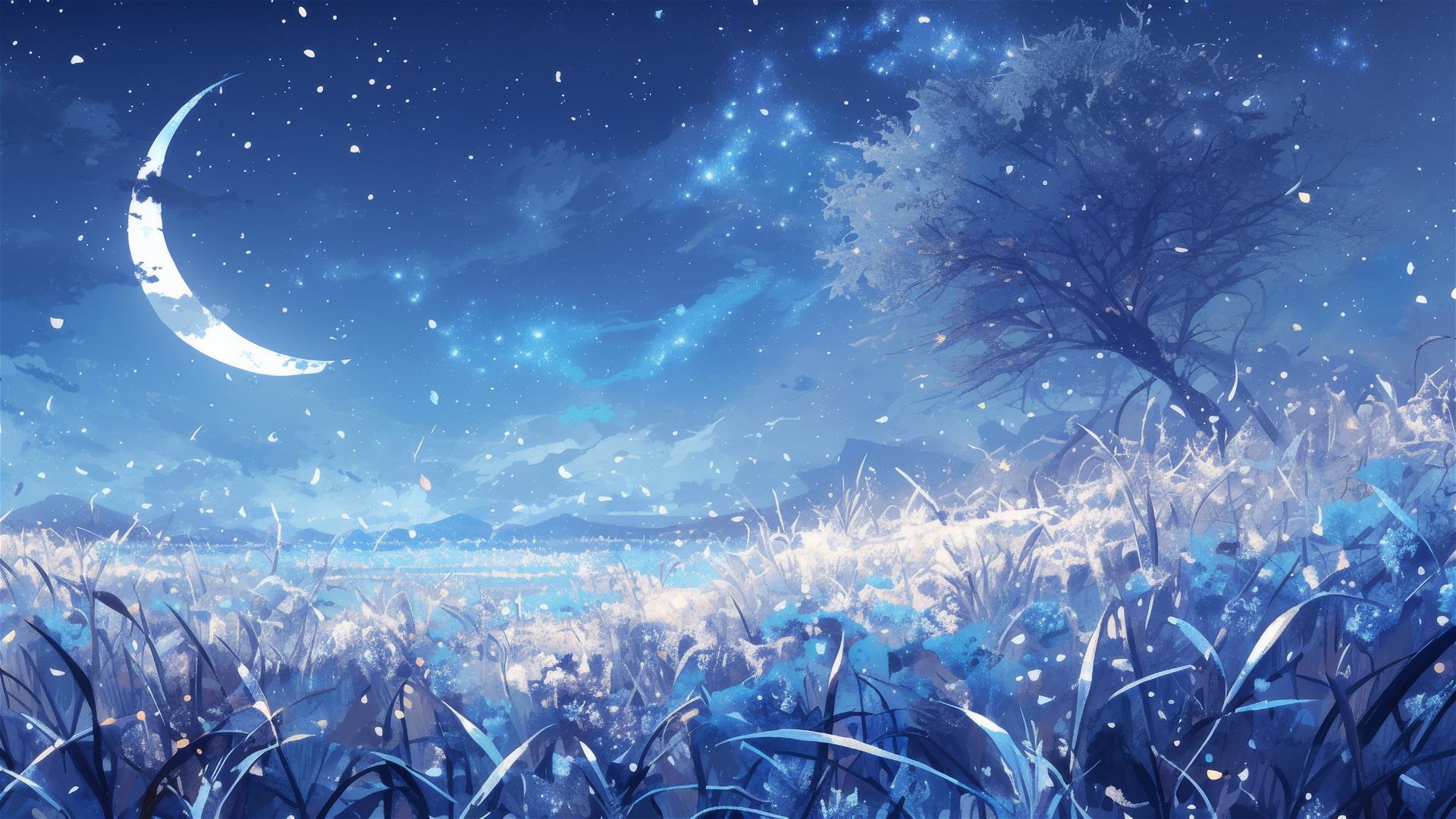Silvery moonlight on frosted meadow with icy grass and wildflowers sparkling under starlight