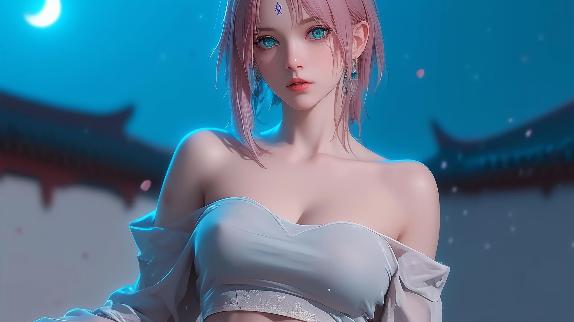 Sakura Haruno resting in Japanese house under moonlight