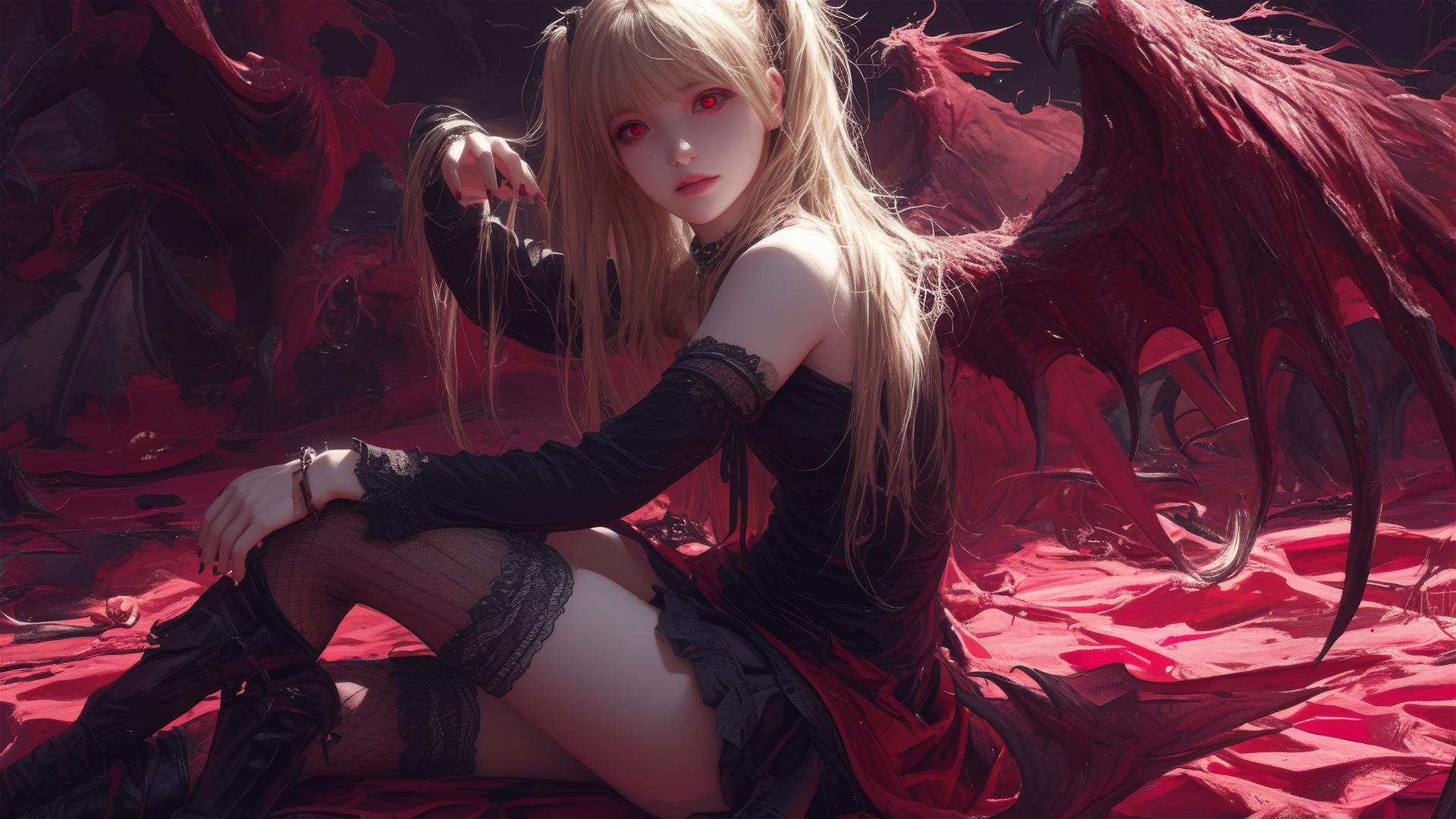 Misa Amane in a dynamic pose with red eyes on a dark background