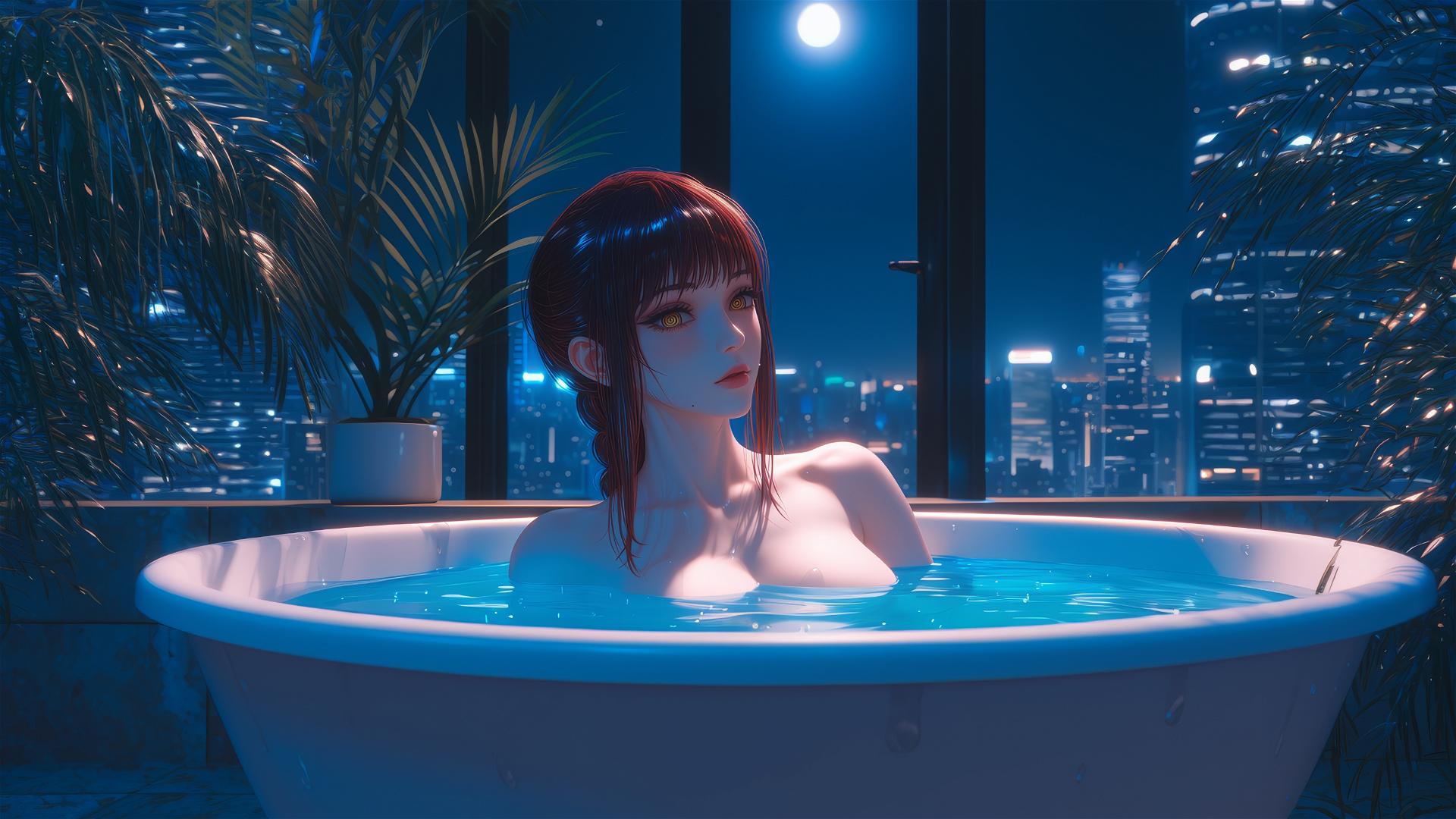 Makima from Chainsaw Man resting in a tub with moonlight glowing.