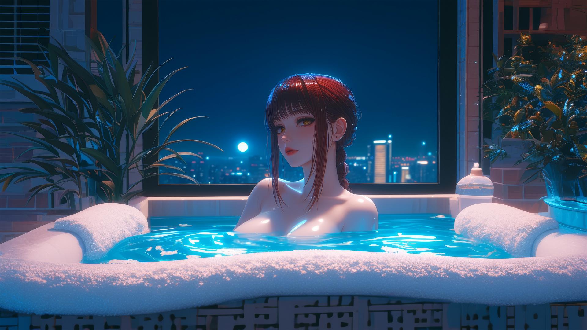 Makima from Chainsaw Man resting in a tub with moonlight on her.