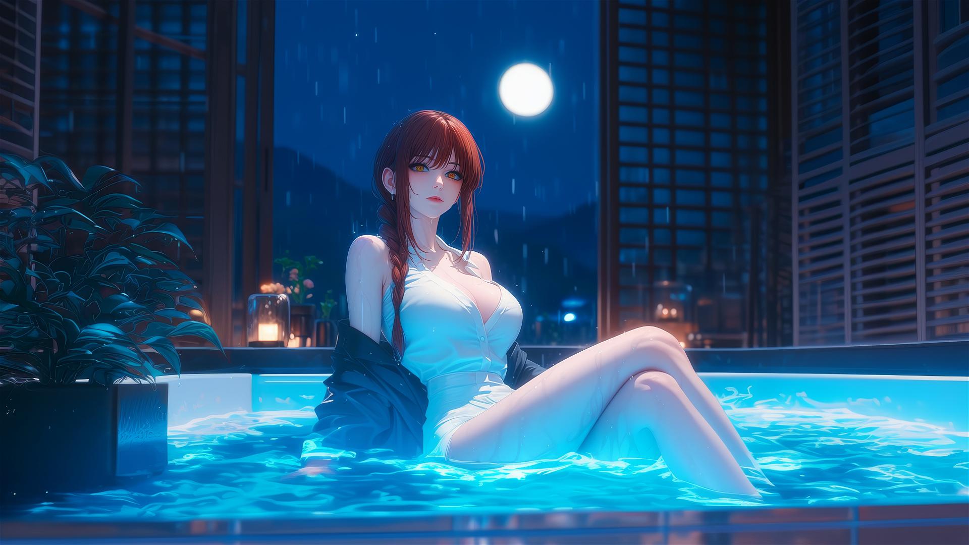 Makima from Chainsaw Man resting in a tub with moonlight glow