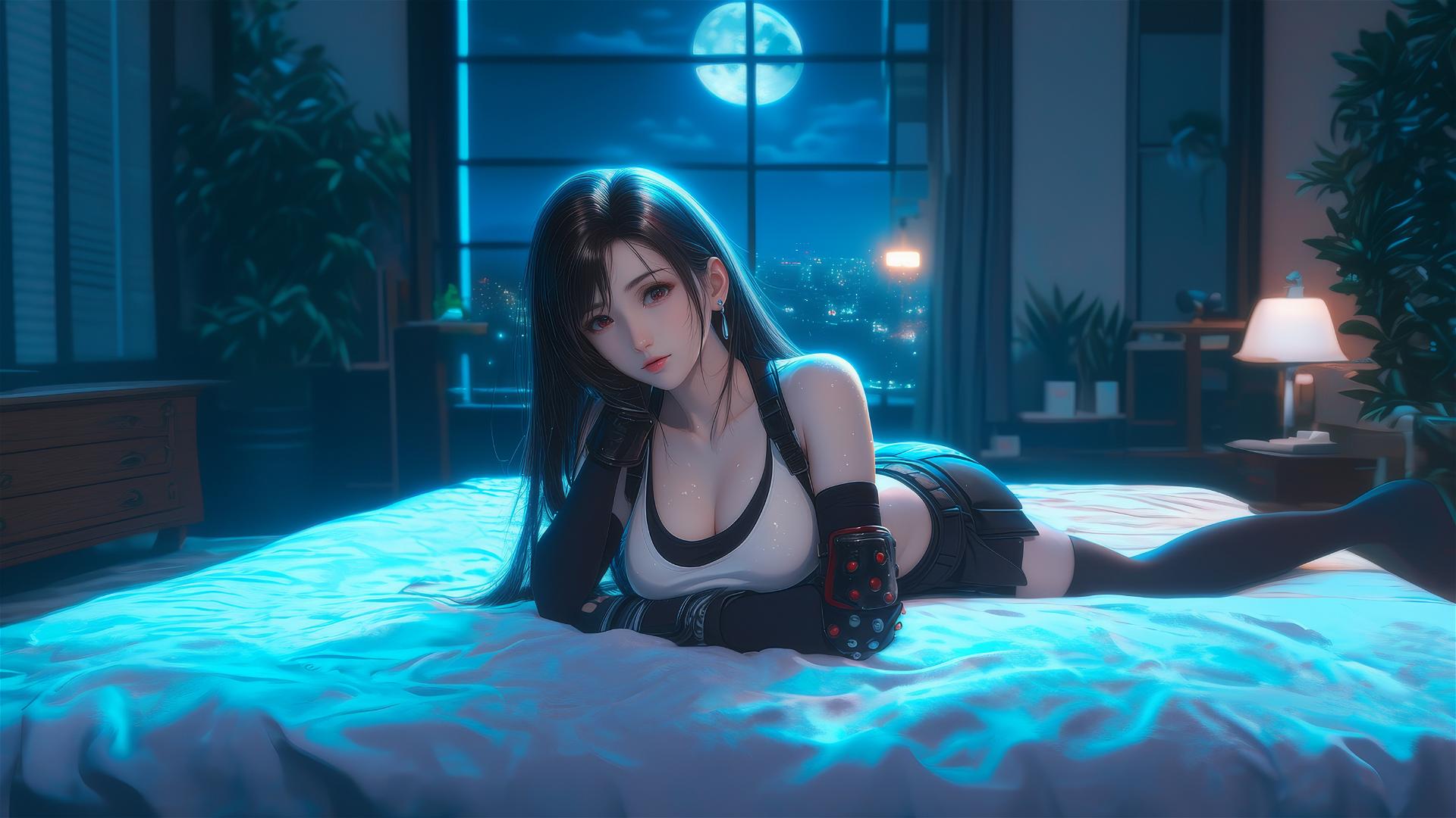 Tifa Lockhart resting in her room with moonlight softly glowing on her.