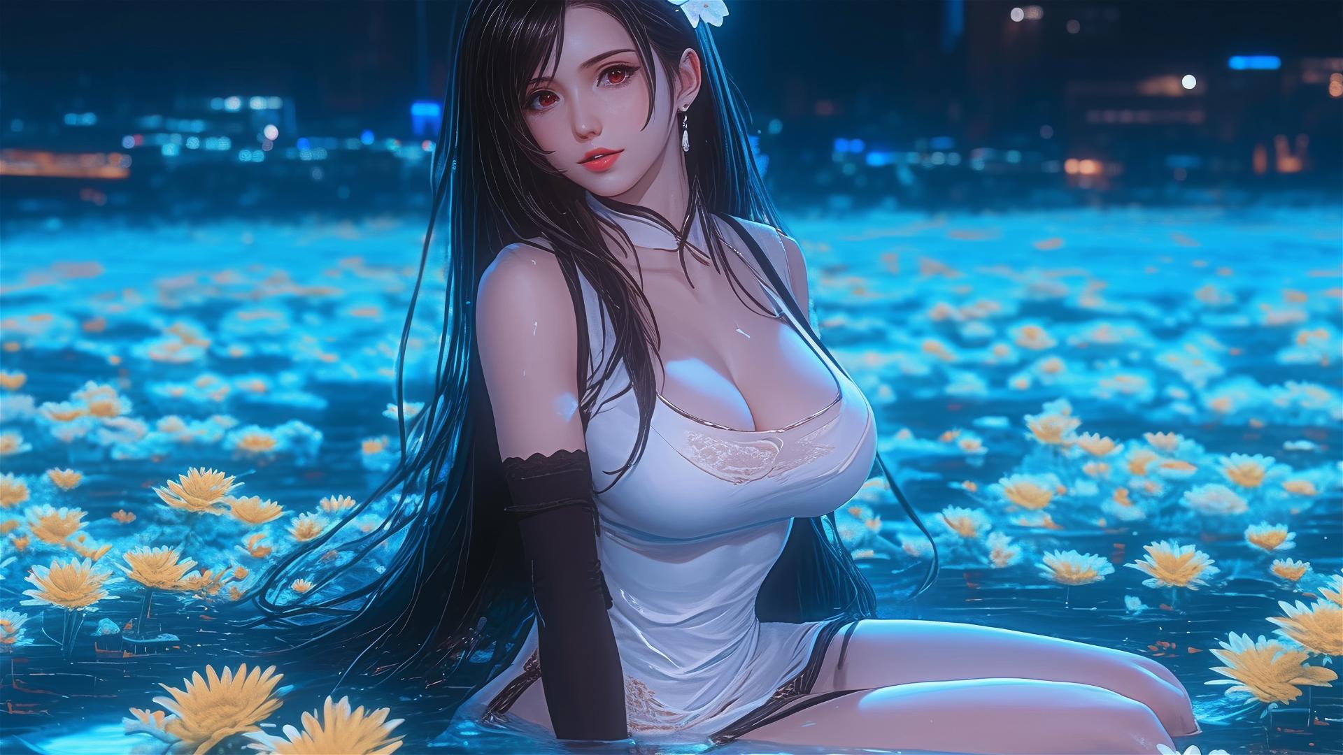 Tifa Lockhart from Final Fantasy in a flower-filled bath at a Chinese spa