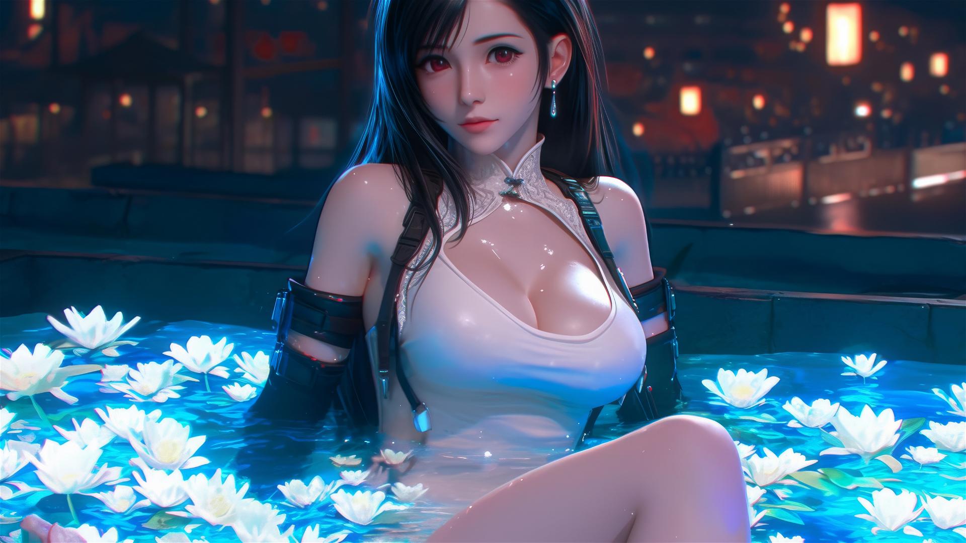 Tifa Lockhart in a flower-filled tub at a Chinese spa