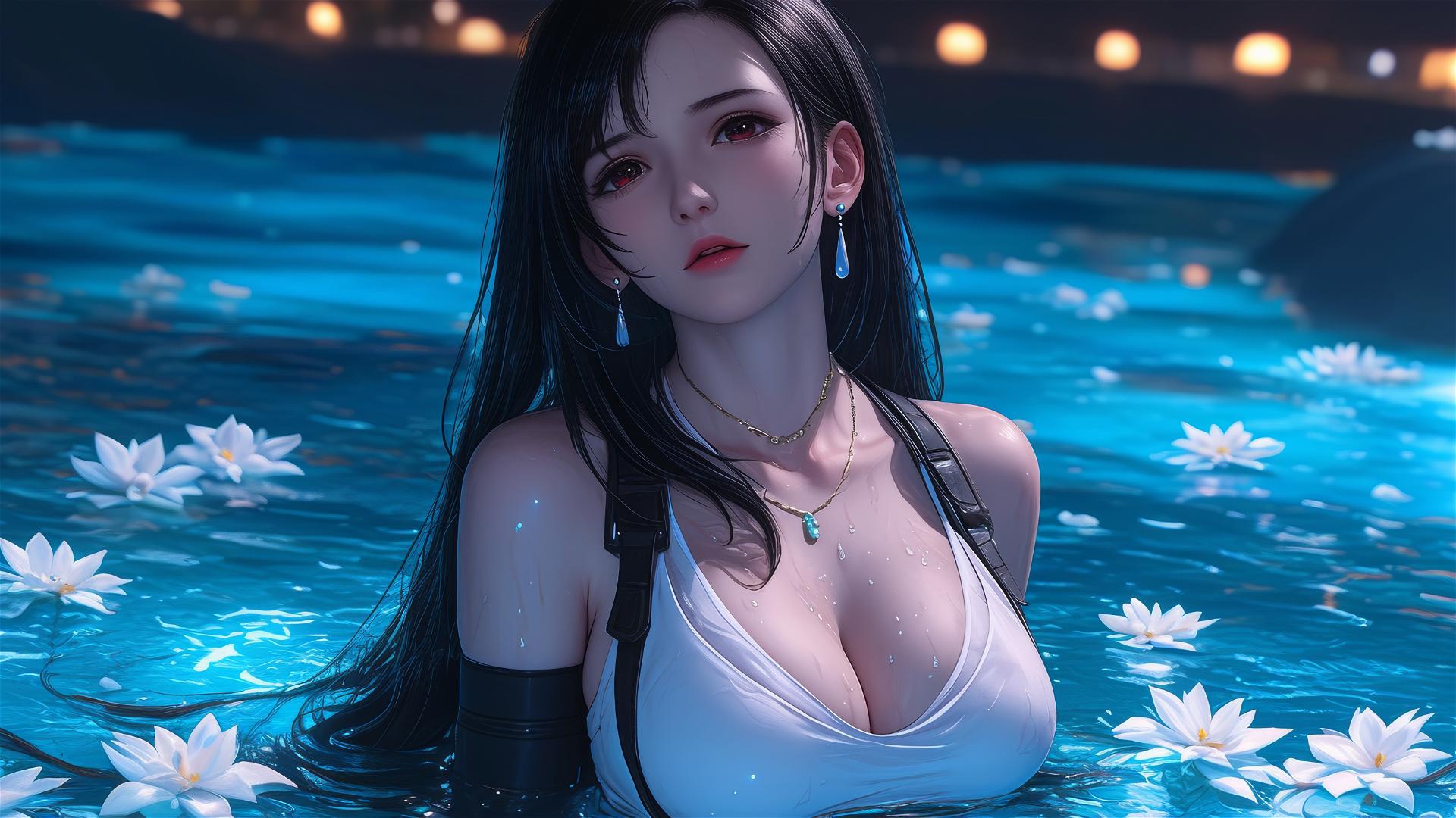 Tifa Lockhart in flower-filled tub at a Chinese spa