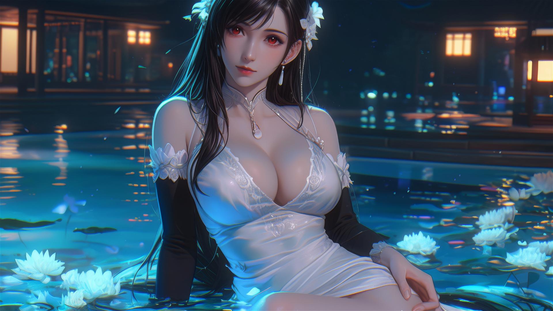 Tifa Lockhart from Final Fantasy in flower-filled tub at Chinese spa