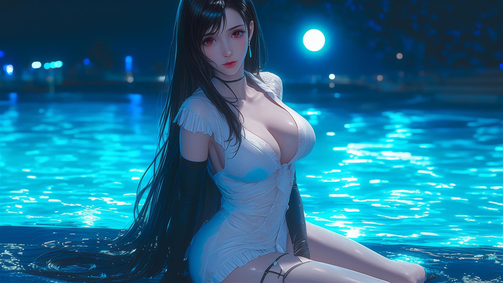 Tifa Lockhart from Final Fantasy in white silk pajamas by a swimming pool under moonlight.