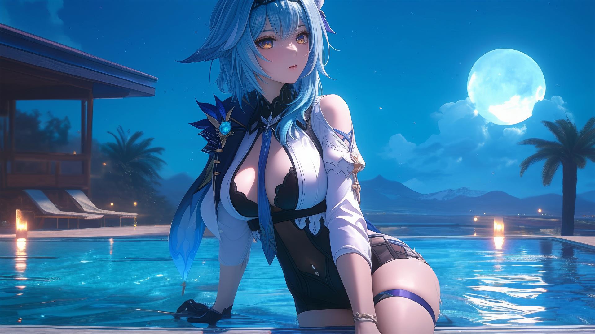 Eula Lawrence from Genshin Impact resting by pool under moonlight