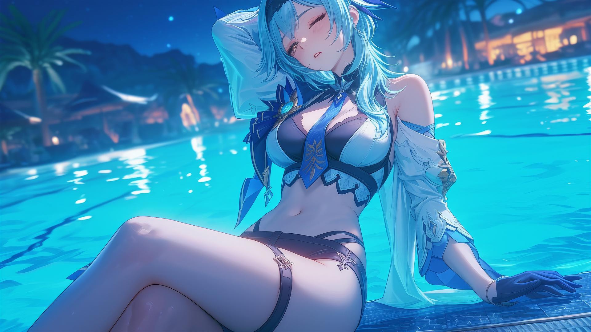 Eula Lawrence from Genshin Impact resting by a pool in moonlight