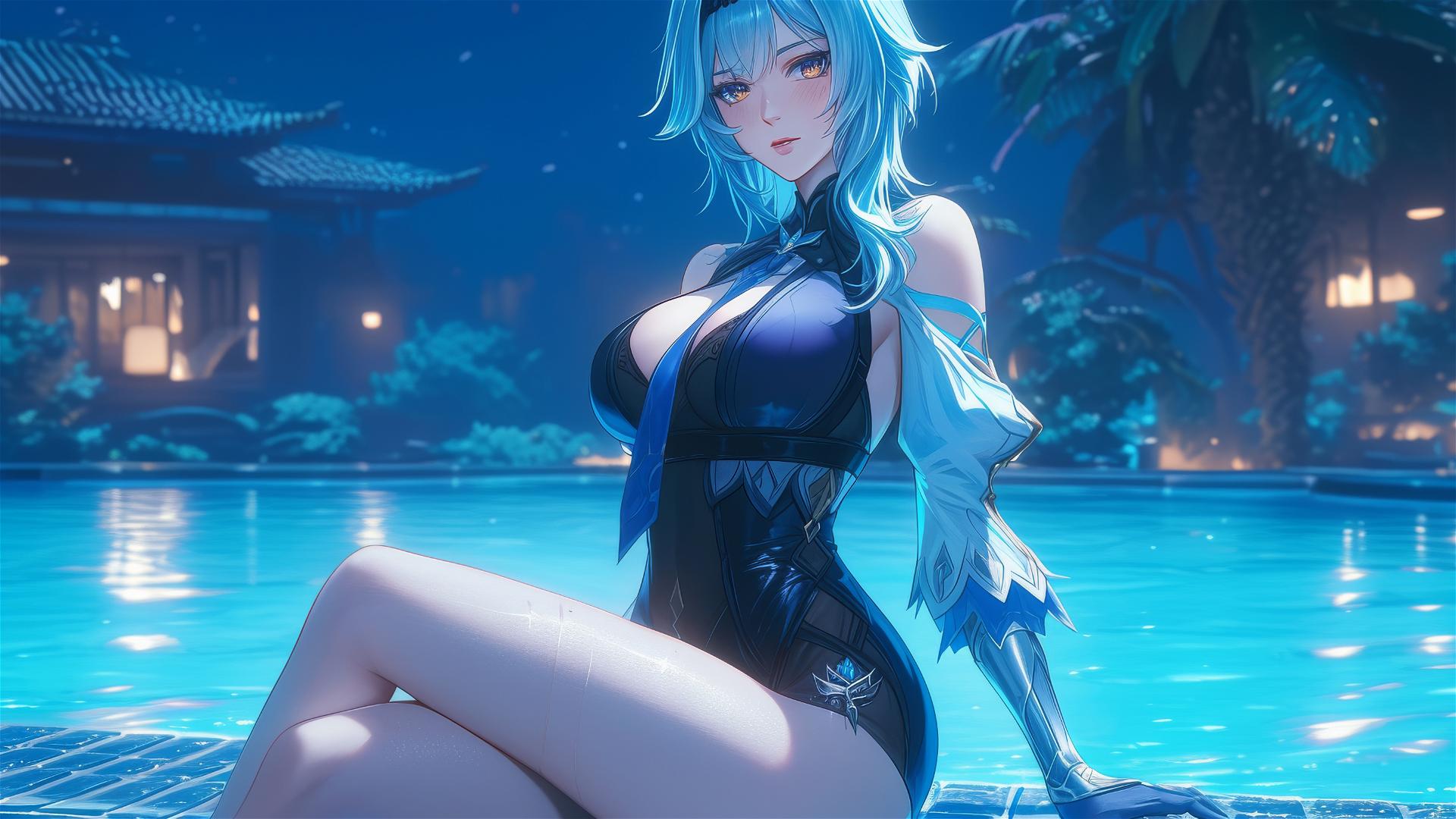 Eula Lawrence from Genshin Impact resting at a swimming pool under moonlight