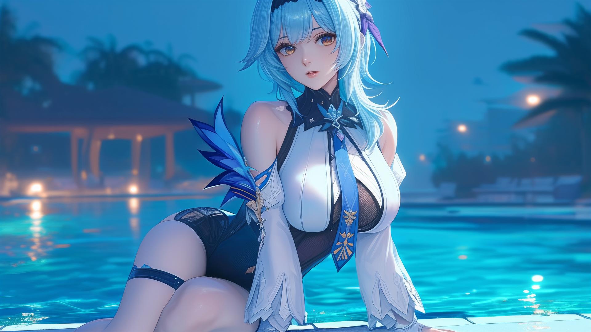 Eula Lawrence resting by a swimming pool under moonlight with light blue hair.