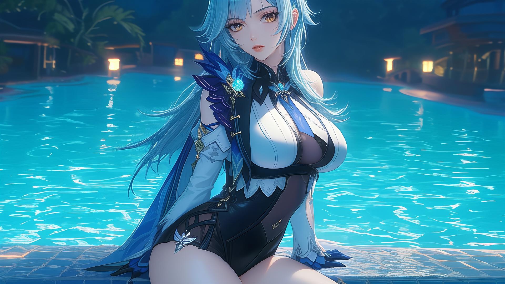 Eula Lawrence resting by a swimming pool under moonlight, light blue hair