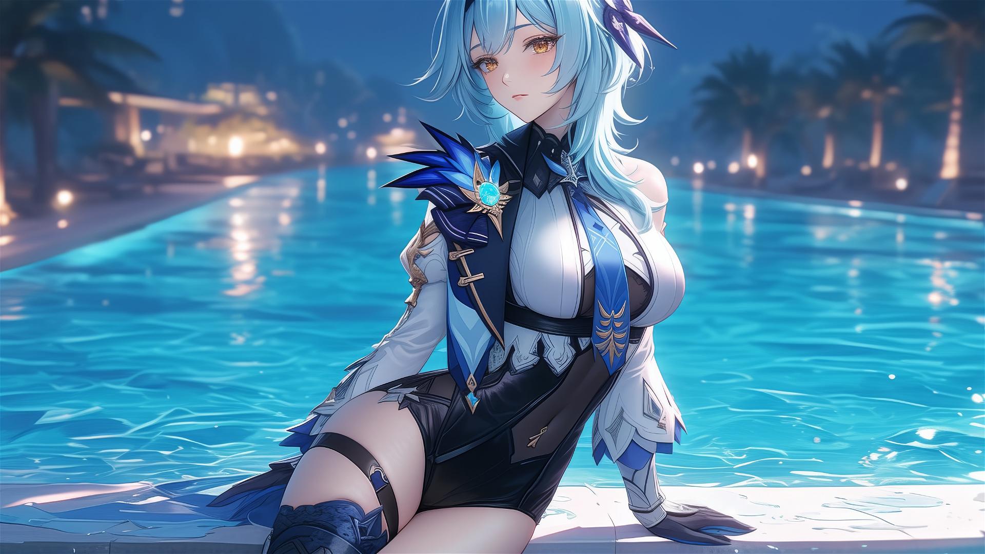 Eula Lawrence resting by the pool under moonlight