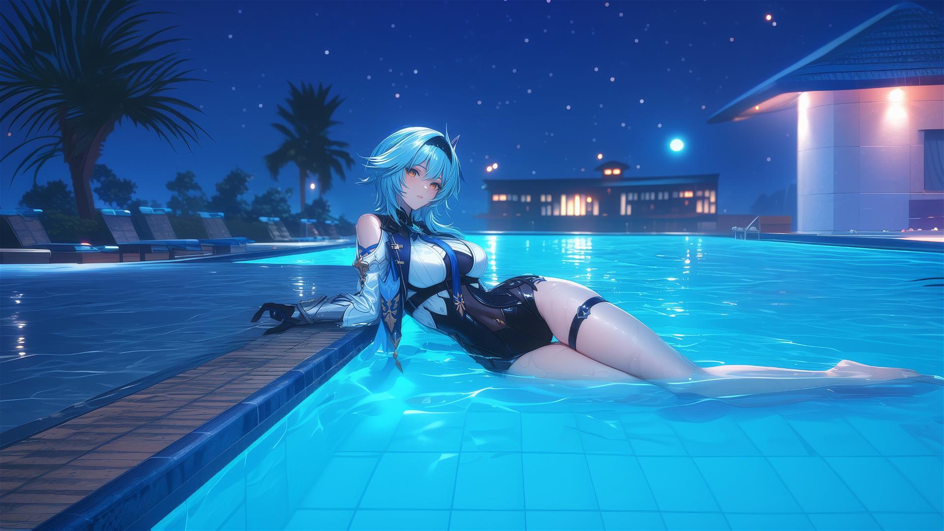 Eula Lawrence resting by the pool under moonlight, with light blue hair