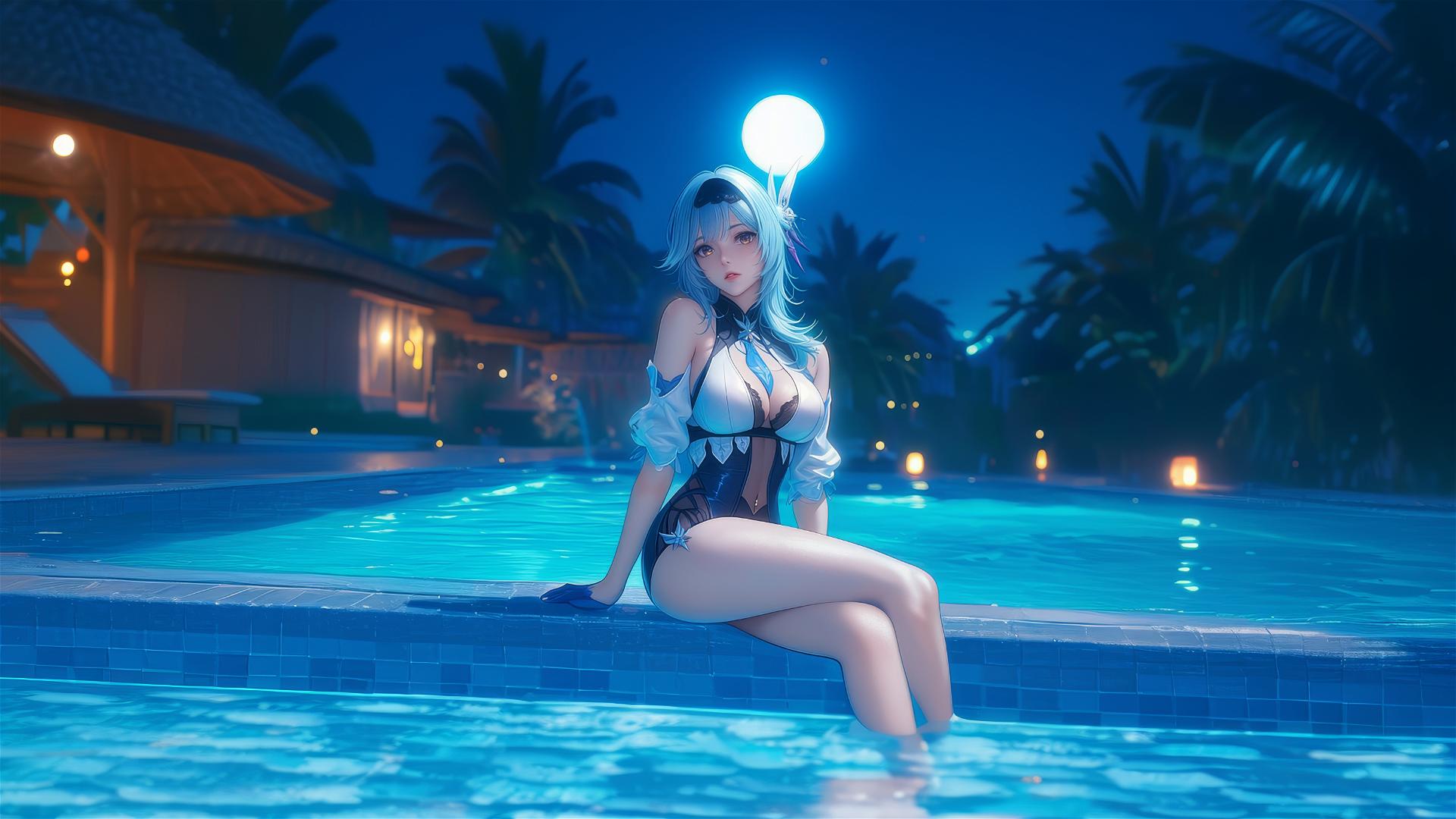 Eula Lawrence from Genshin Impact resting by a swimming pool under moonlight.