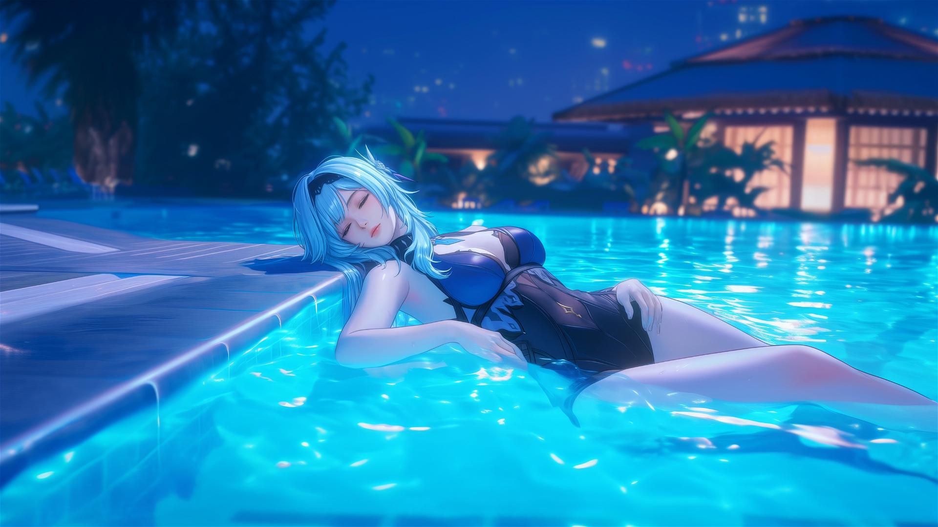 Eula Lawrence resting by the pool under moonlight
