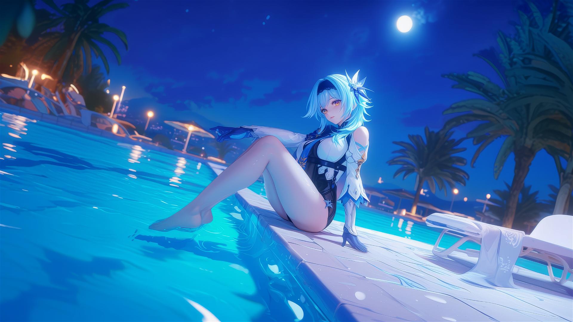Eula Lawrence from Genshin Impact resting at a pool under moonlight.