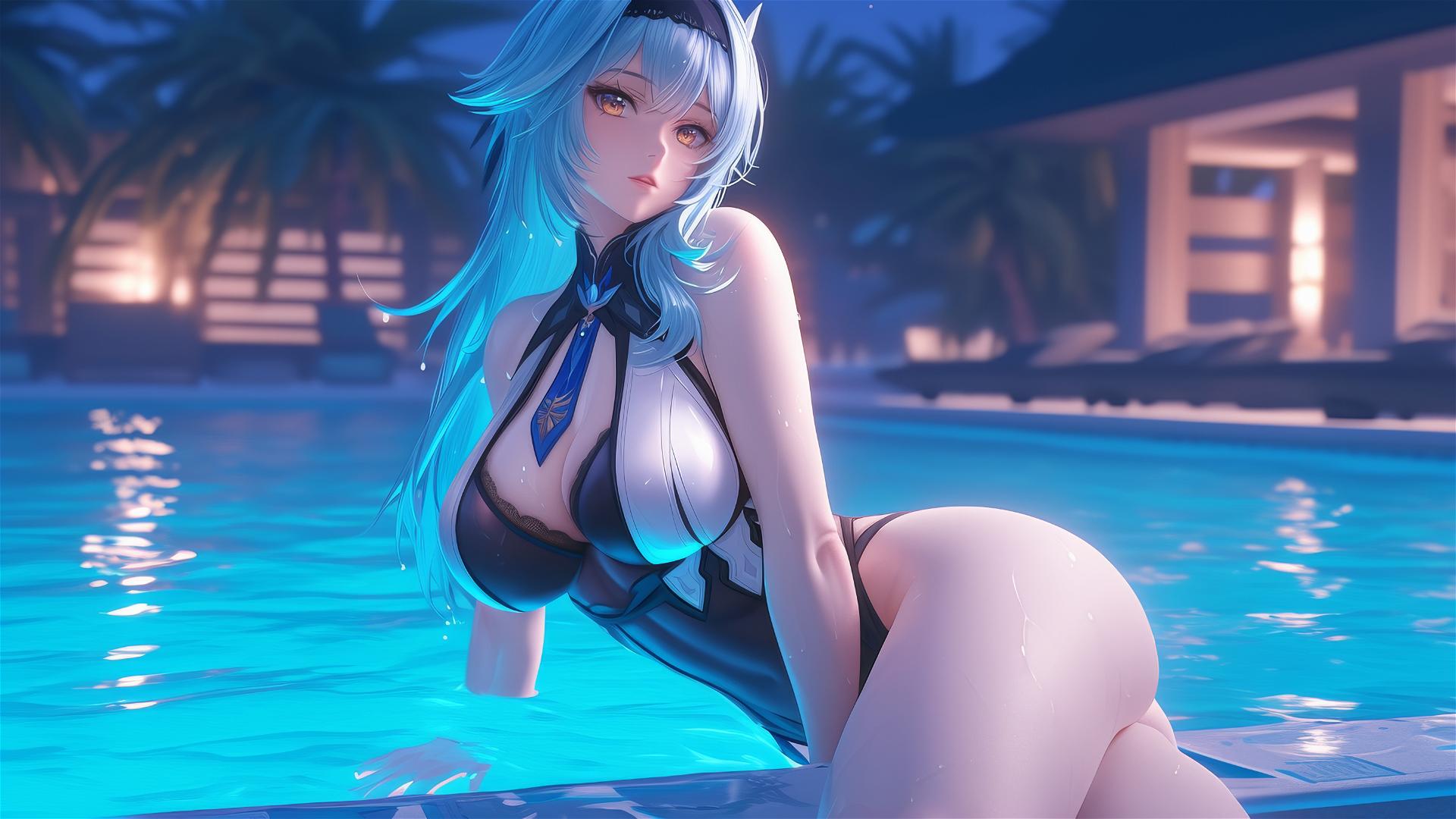 Eula Lawrence from Genshin Impact resting at a swimming pool under moonlight.