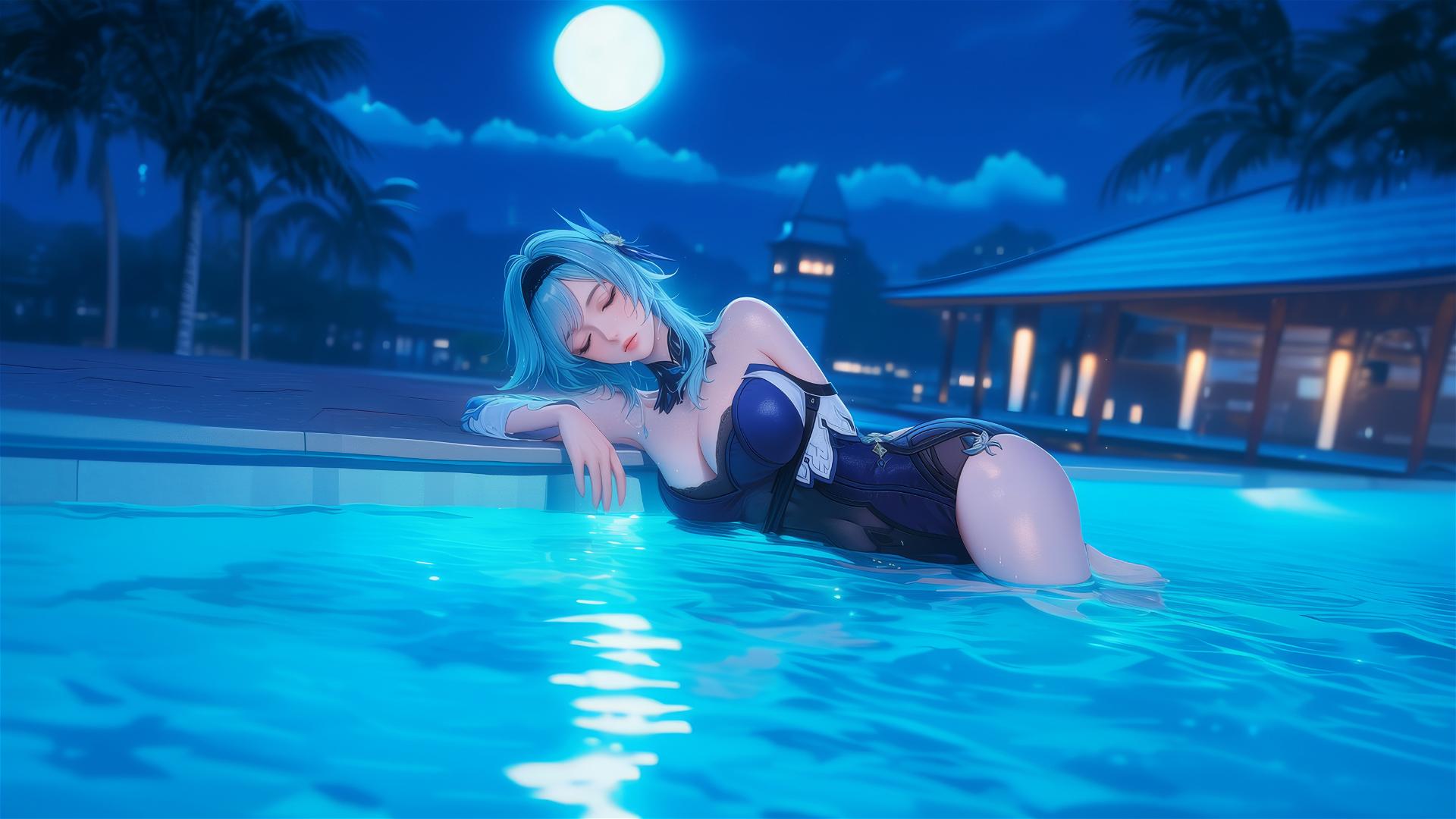 Eula Lawrence from Genshin Impact relaxing by a swimming pool under moonlight.