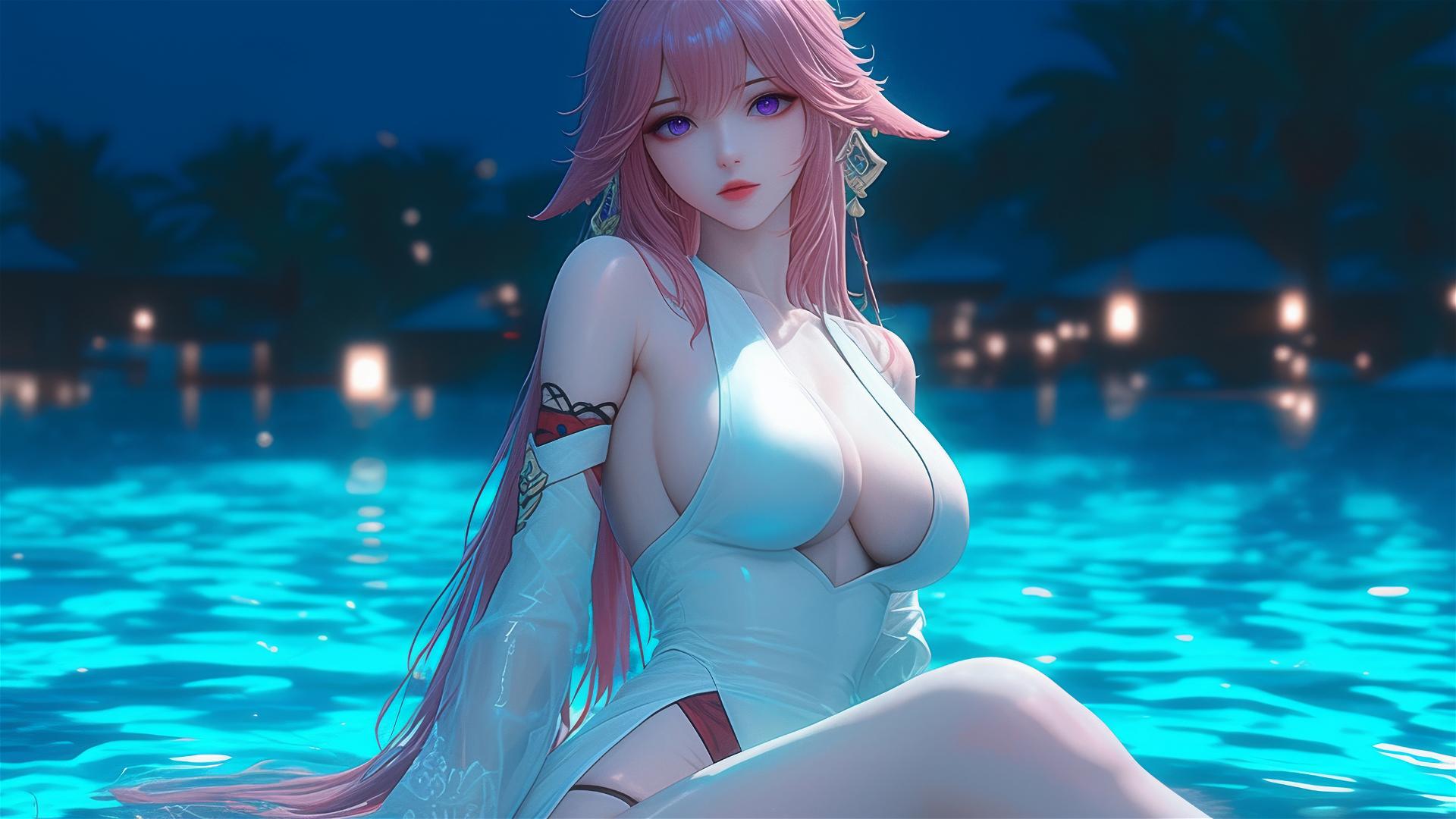 Yae Miko from Genshin Impact resting by a pool in moonlight