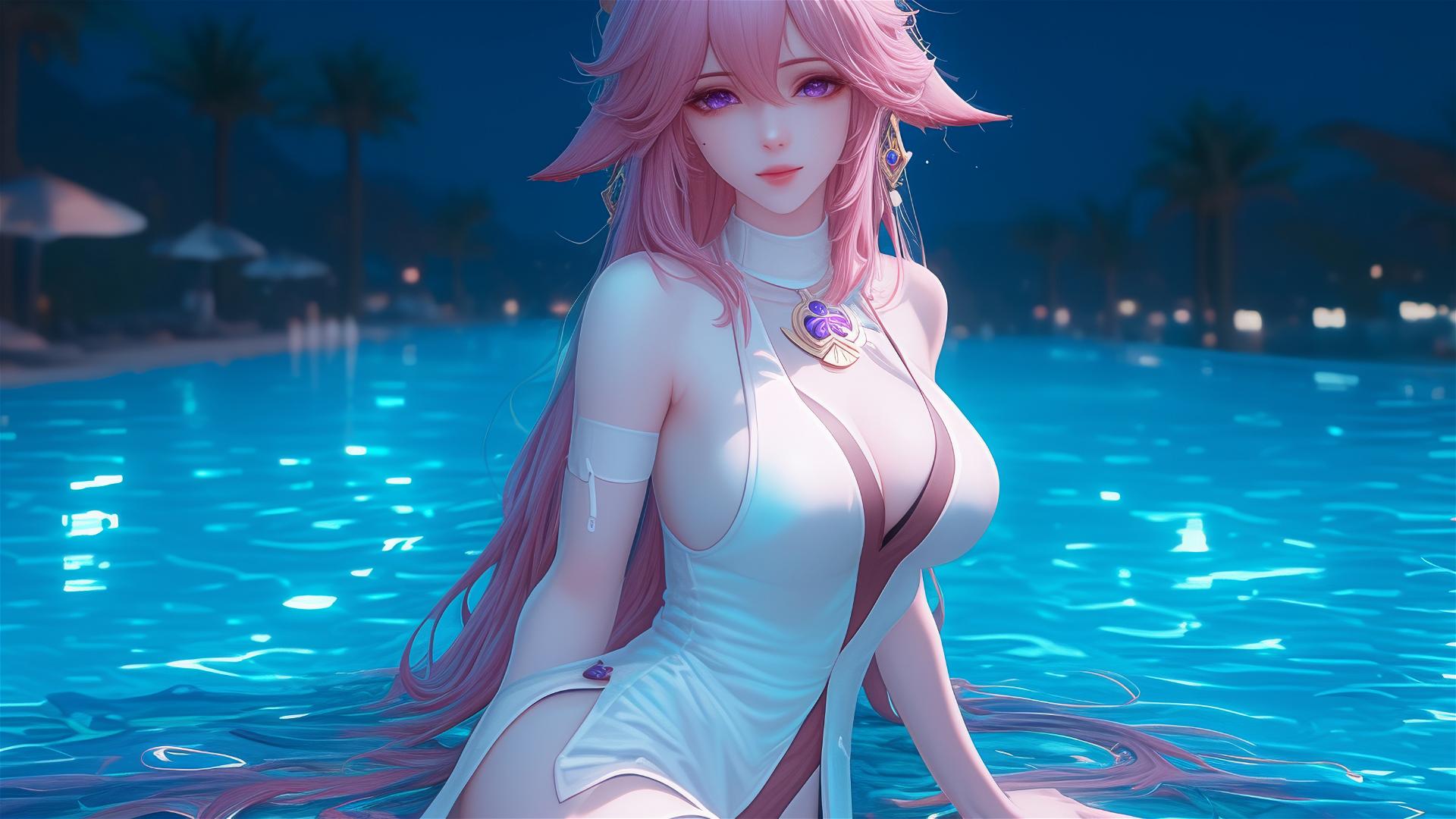 Yae Miko from Genshin Impact resting by a moonlit pool, pink hair, purple eyes.