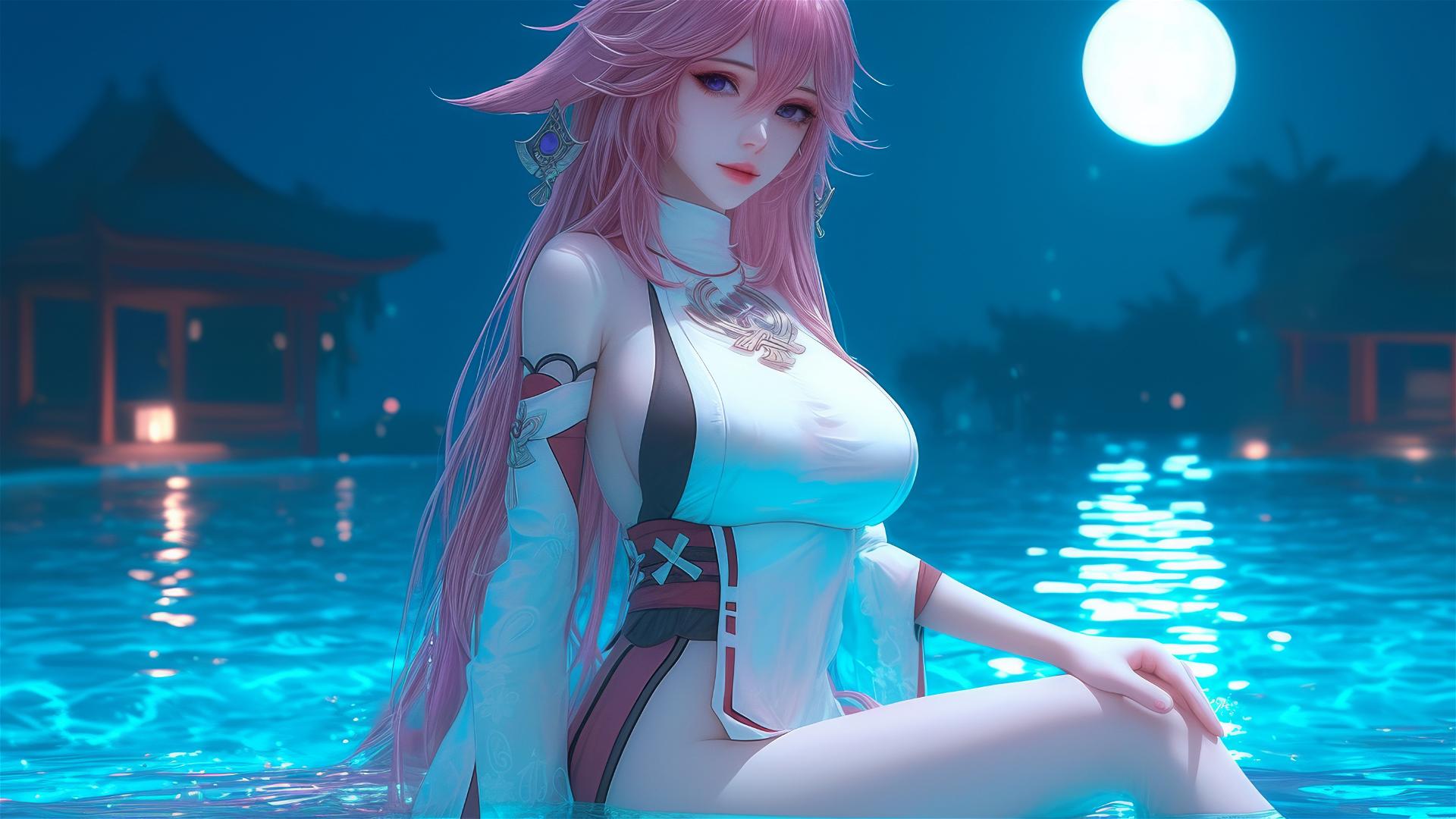Yae Miko from Genshin Impact resting by the swimming pool under moonlight