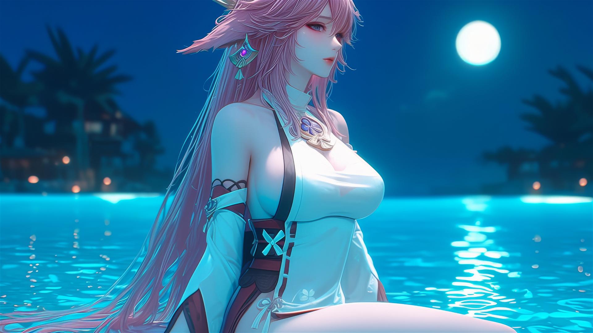 Yae Miko relaxing at a swimming pool under moonlight, with pink hair and purple eyes.