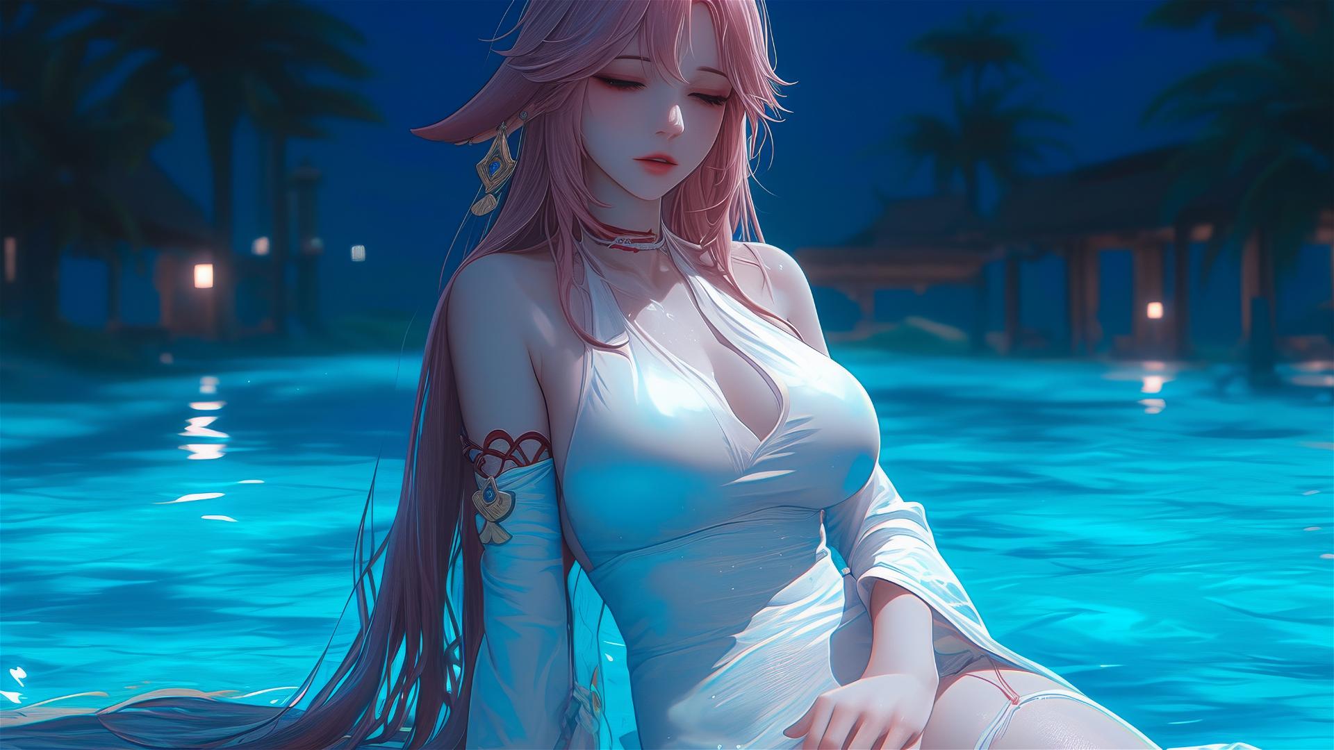 Yae Miko from Genshin Impact lounging by a pool under moonlight