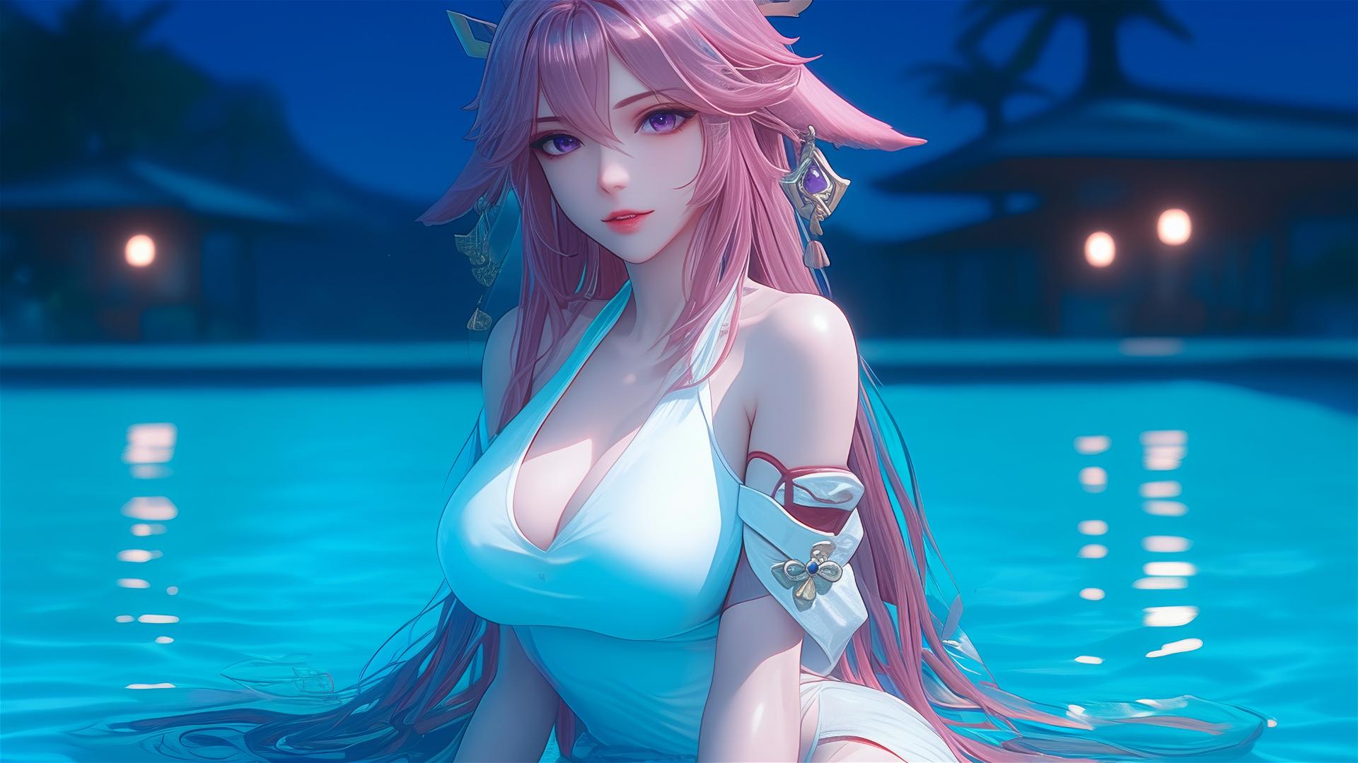 Yae Miko from Genshin Impact resting by a moonlit pool with pink hair and purple eyes