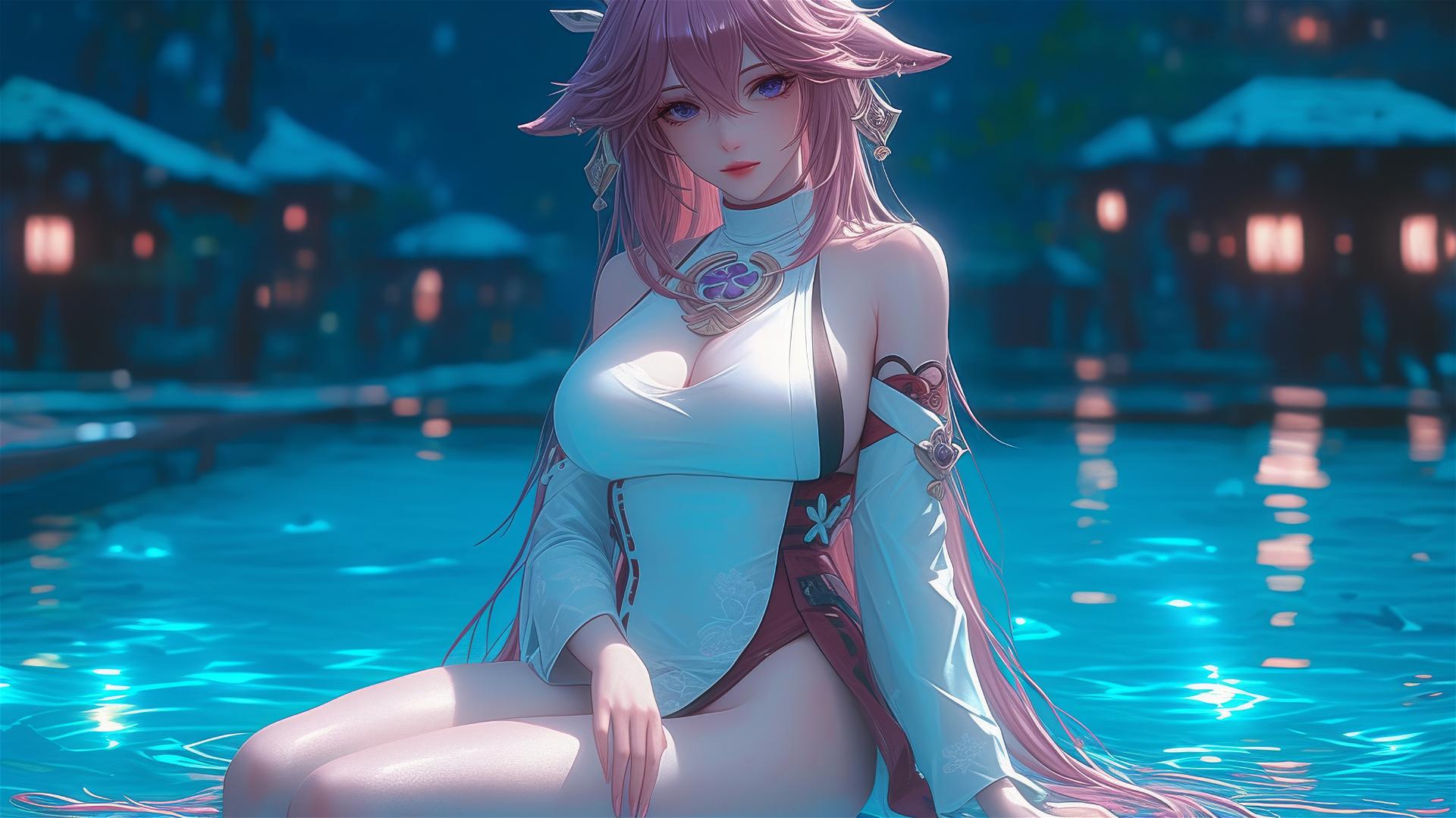 Yae Miko from Genshin Impact resting by the moonlit pool