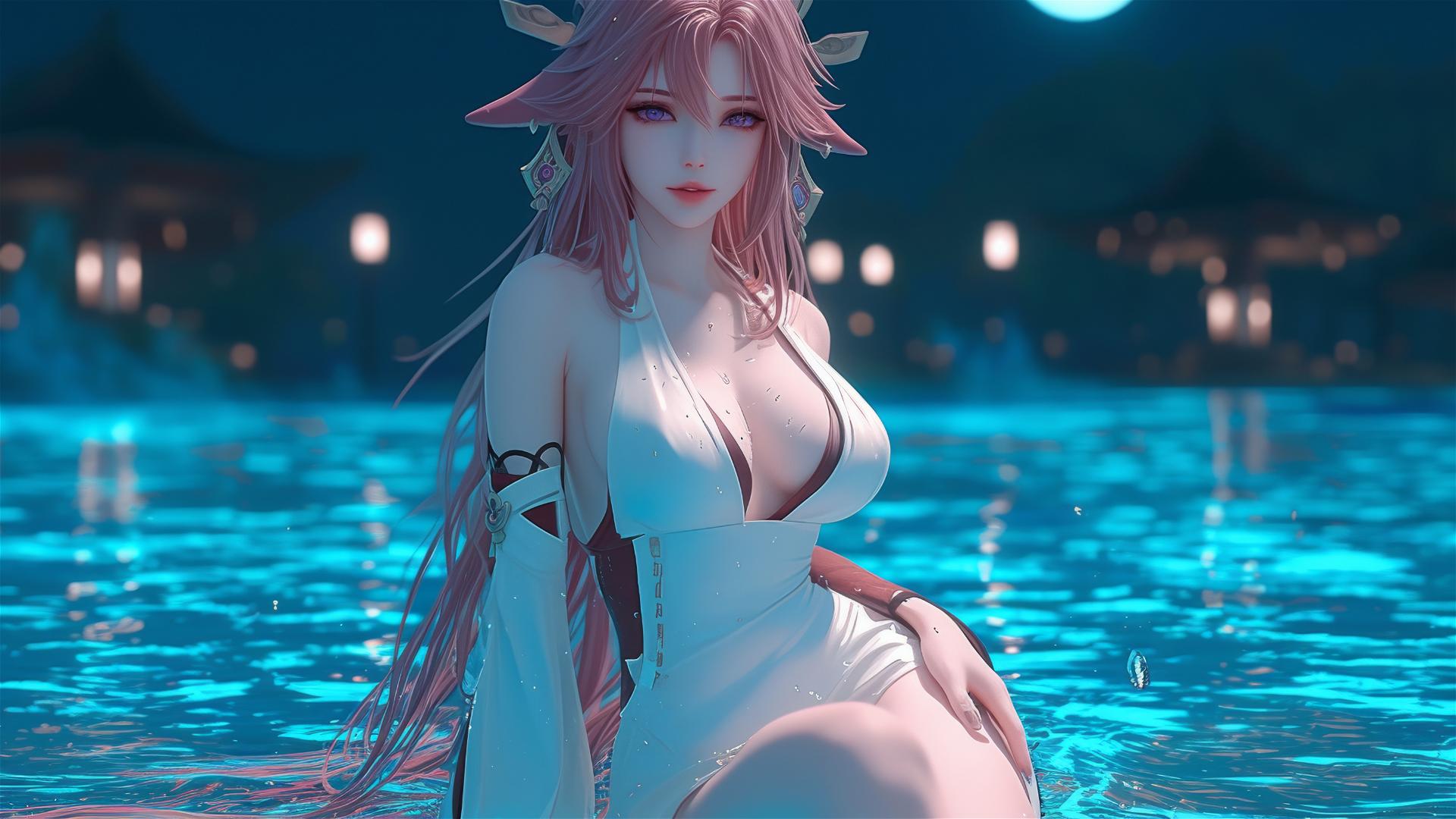 Yae Miko from Genshin Impact resting by a pool at night, with moonlight glow.