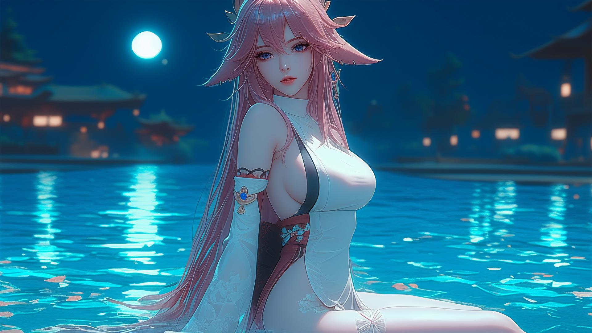 Yae Miko relaxing by the swimming pool under moonlight.