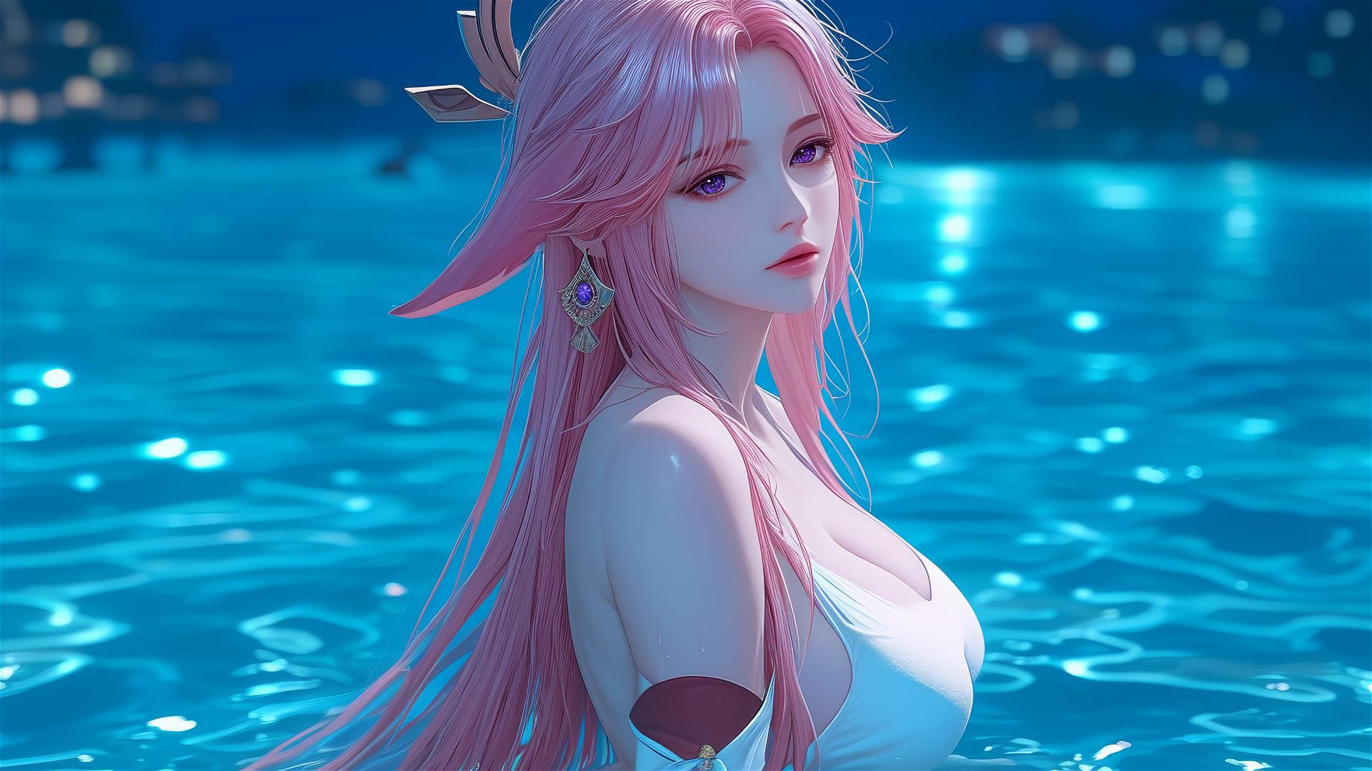 Yae Miko from Genshin Impact resting at a swimming pool under moonlight
