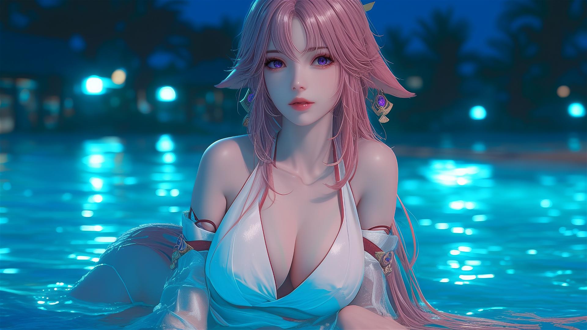 Yae Miko resting by a pool under moonlight, with pink hair and purple eyes.