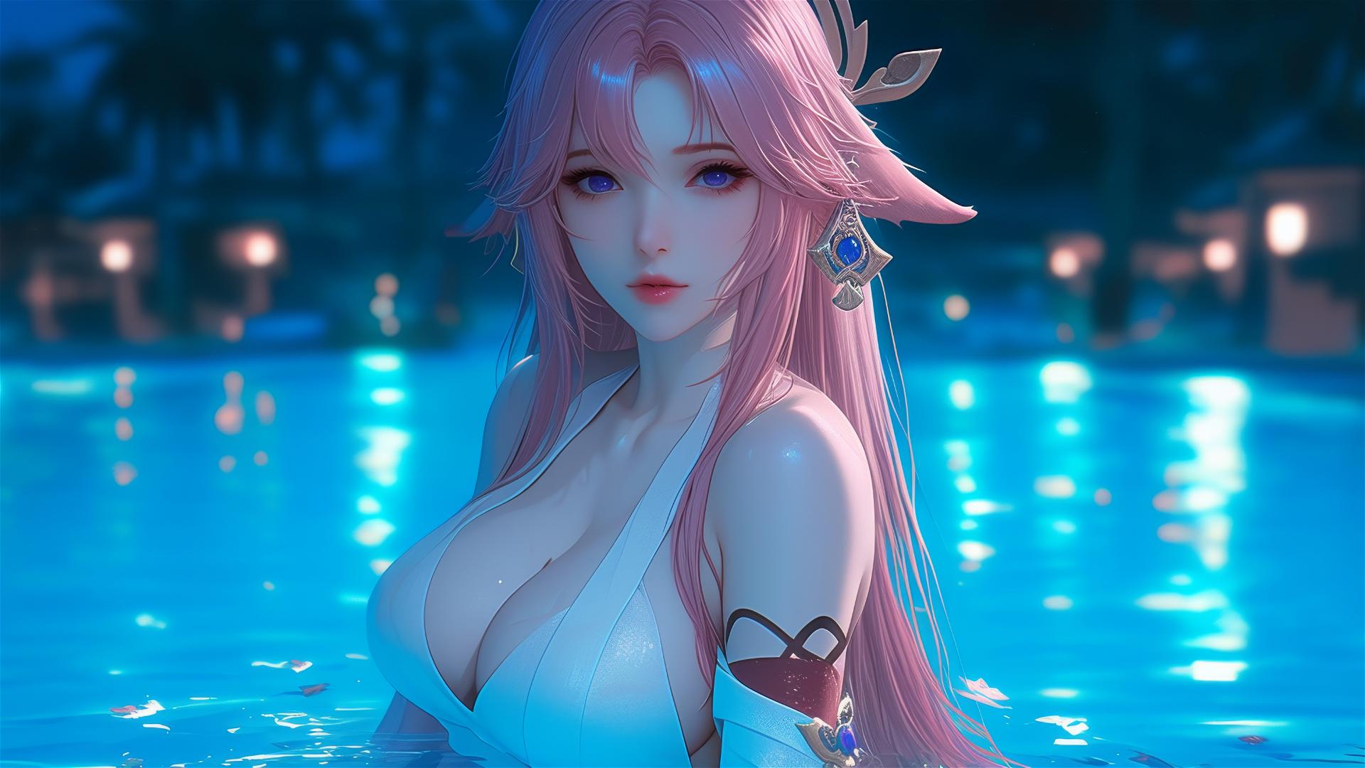Yae Miko from Genshin Impact resting by a swimming pool under moonlight