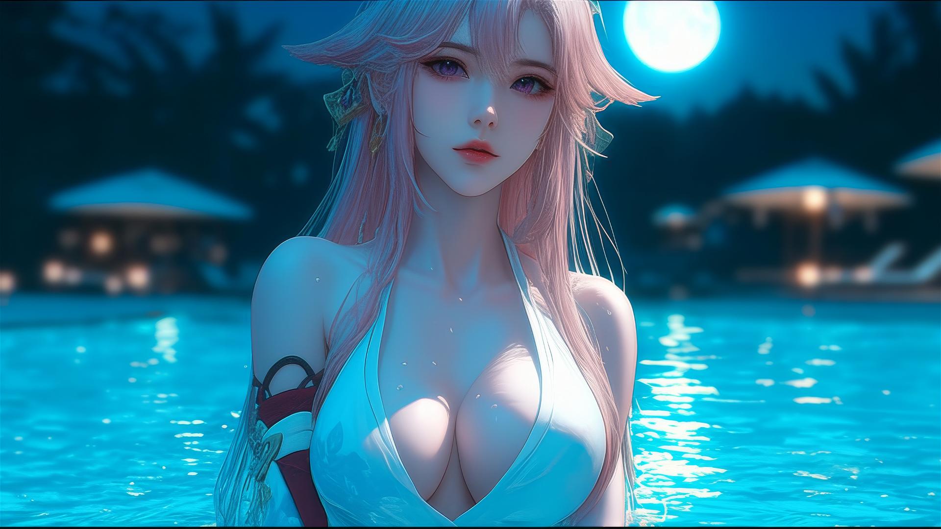 Yae Miko from Genshin Impact resting at a swimming pool in moonlight
