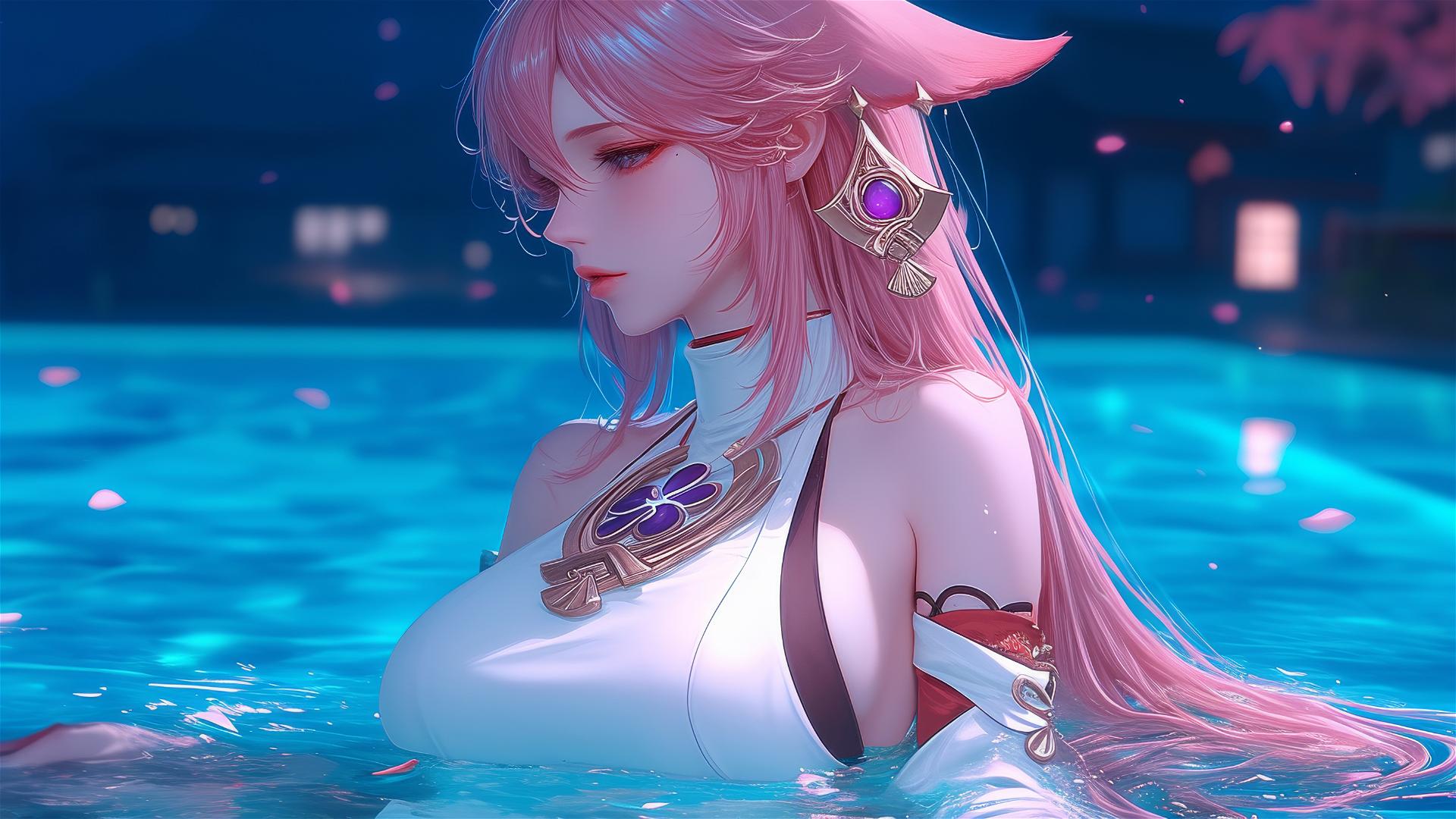 Yae Miko resting by a pool under moonlight, with pink hair and purple eyes.