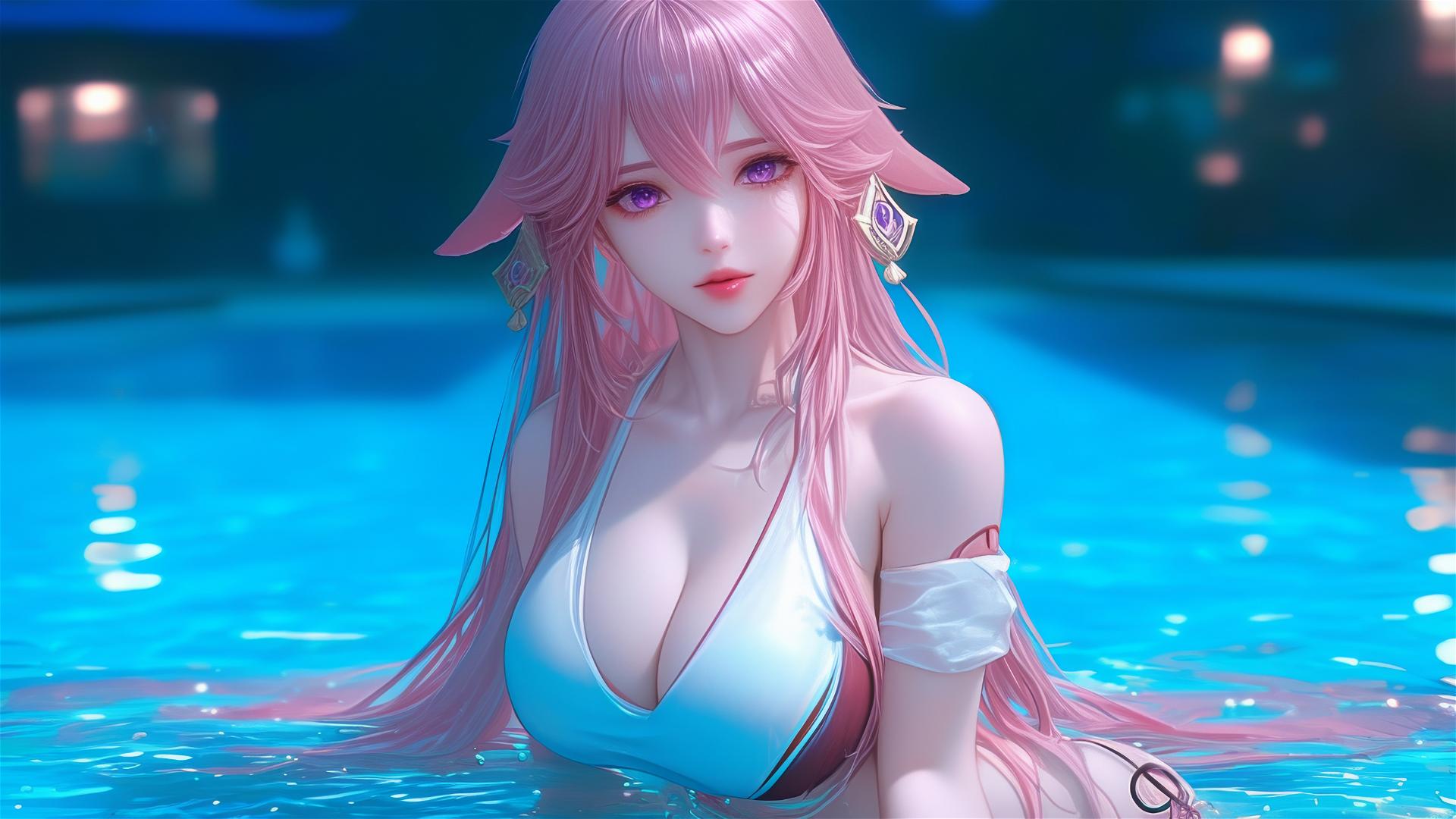 Yae Miko from Genshin Impact resting by a pool under moonlight