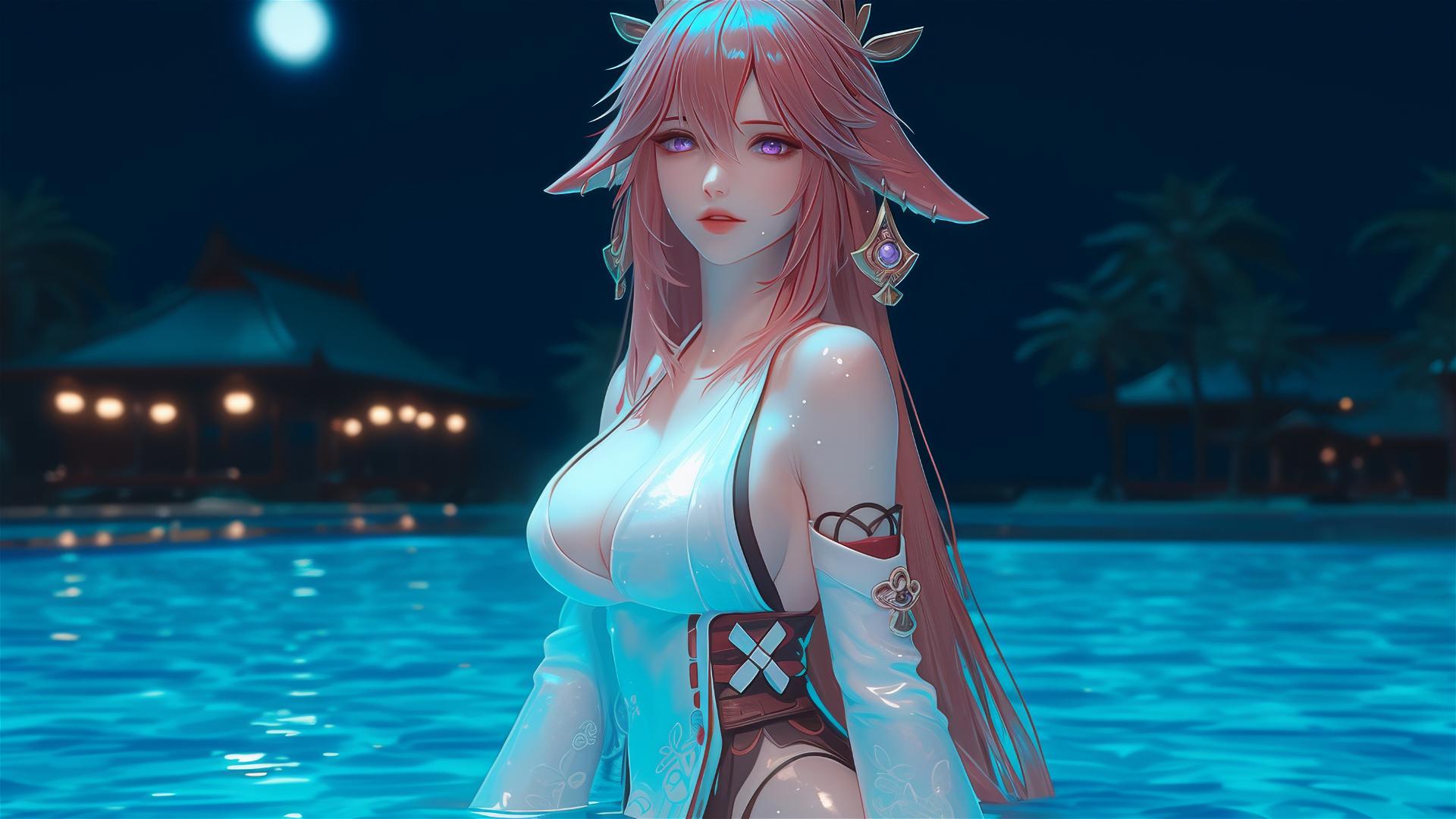 Yae Miko from Genshin Impact resting by a pool under moonlight