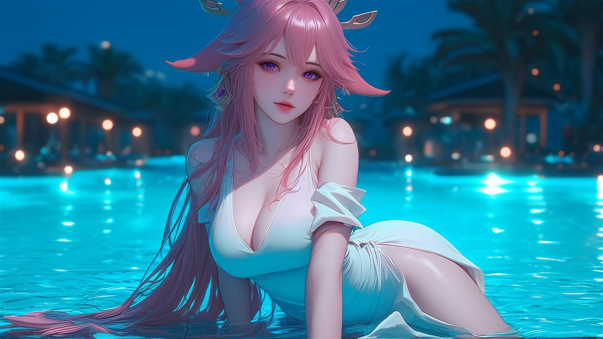 Yae Miko from Genshin Impact resting by a pool under moonlight