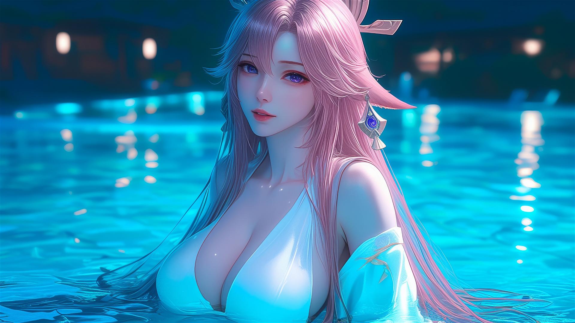 Yae Miko resting by the swimming pool under moonlight