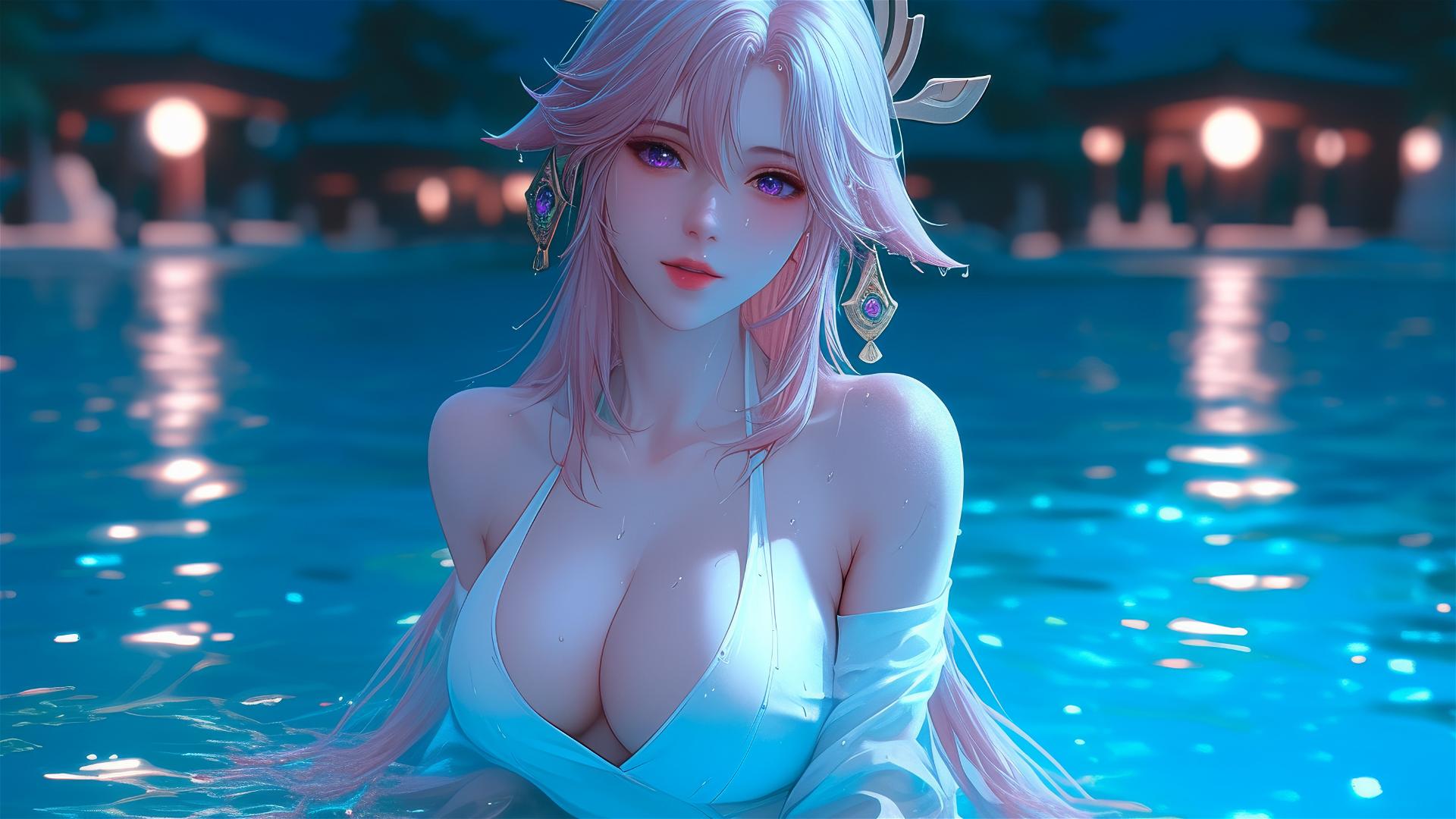 Yae Miko resting by a swimming pool under moonlight