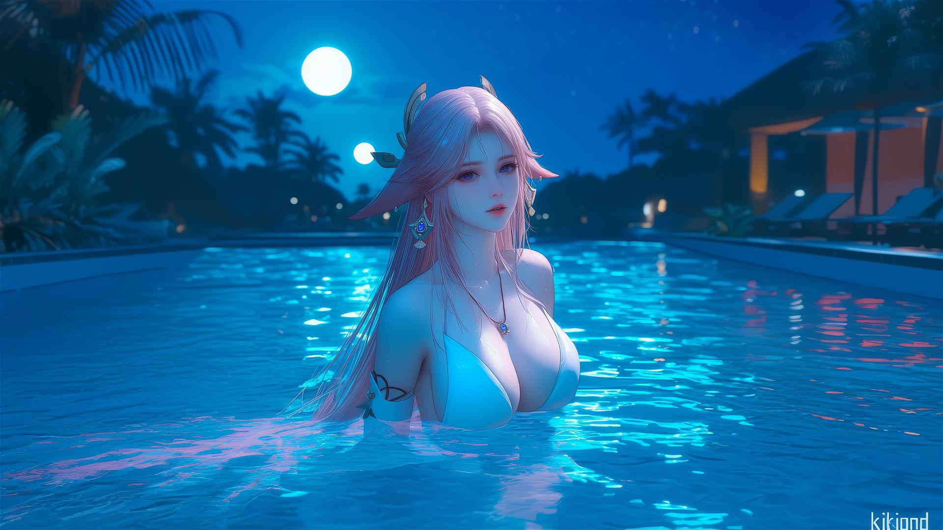 Yae Miko from Genshin Impact, relaxing by a swimming pool under moonlight.