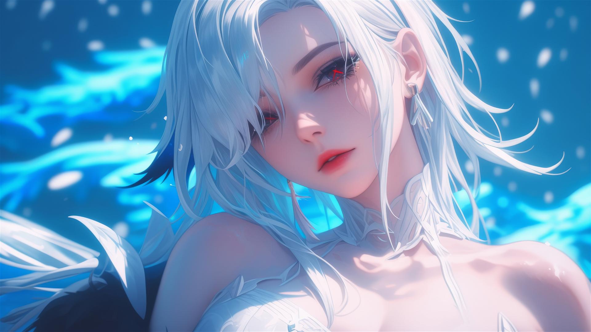 Arlecchino from Genshin Impact with snow white hair resting by a pool under moonlight