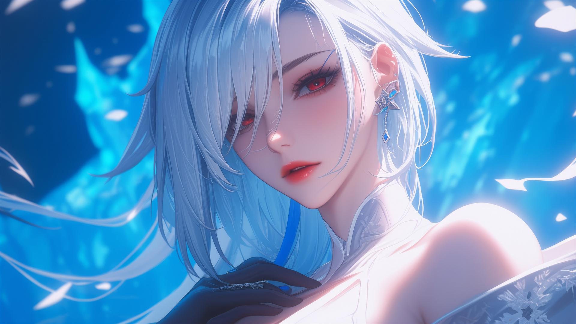 Arlecchino from Genshin Impact with white hair and black streaks, resting by the pool under moonlight.